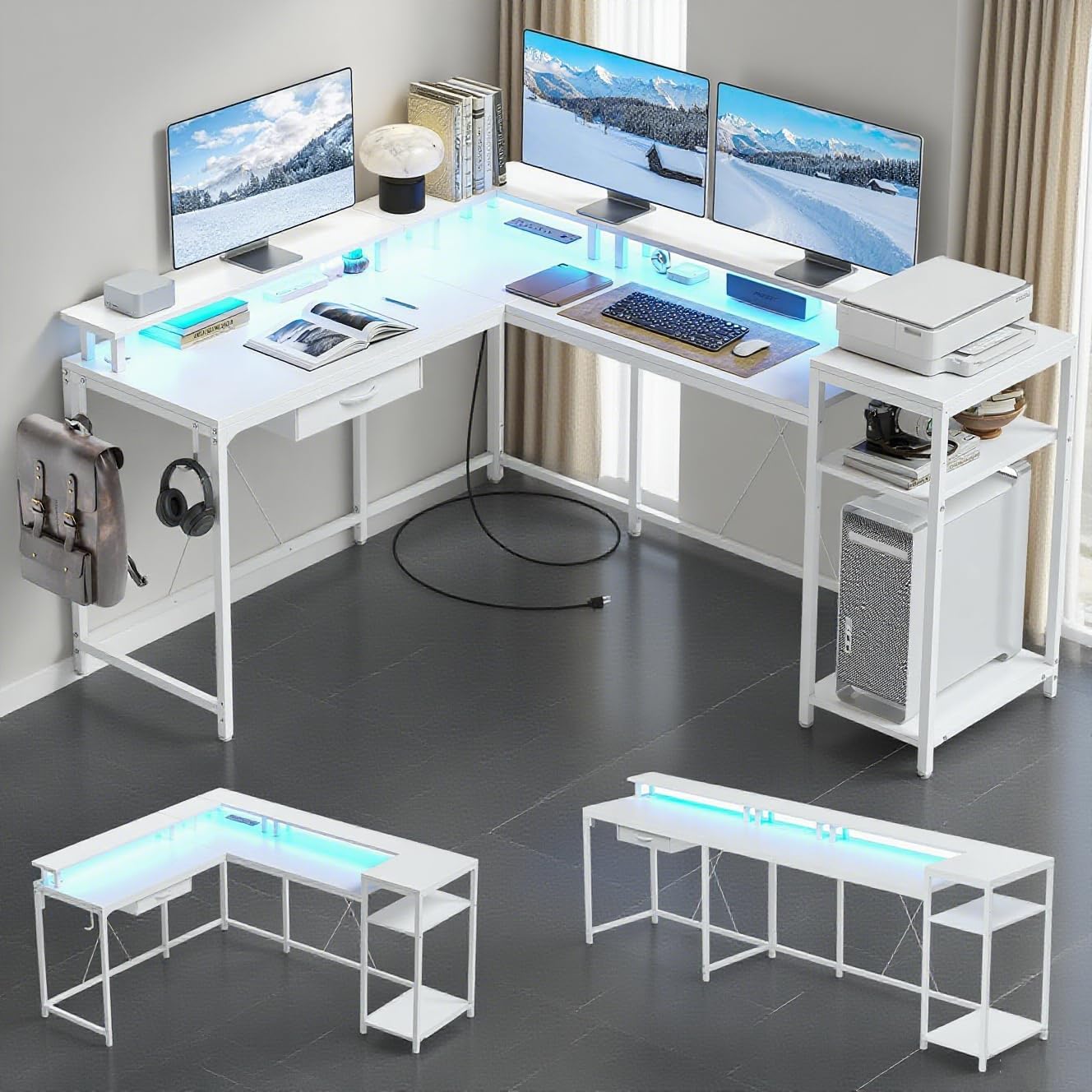 Jojoka L Shaped Gaming Desk,68" Computer Desk with Power Outlets & LED Lights, Home Office Desk with File Drawer, Corner Desk with Monitor Shelf and Hook, Two Person Desk (White)