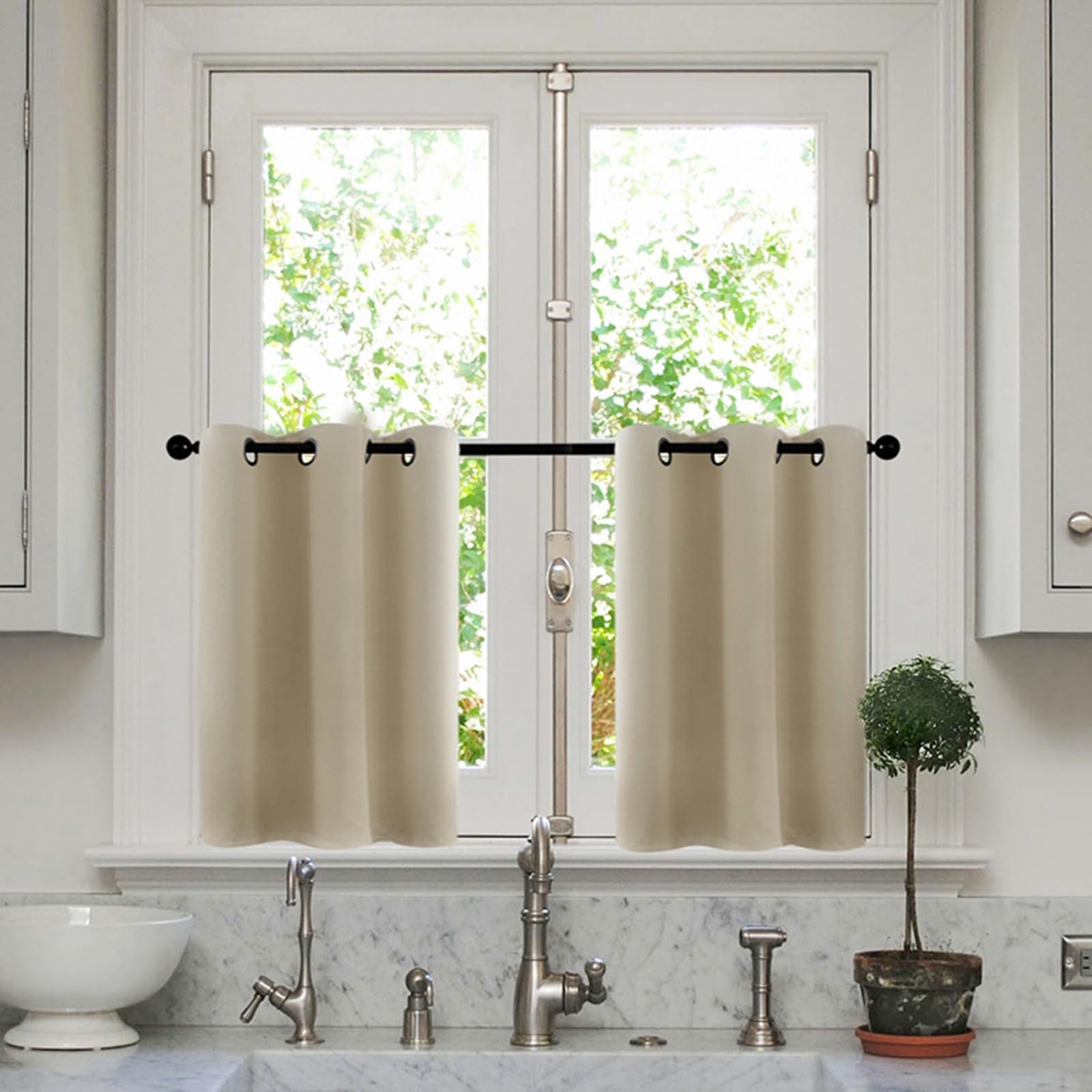 Küchengardinen, Scheibengardinen Blickdicht Küchenvorhänge mit Ösen Doppelseitig Einfarbig Polyester Küchengardinen für Esszimmer Badezimmer Klein Fenster, 132x137CM, Beige, 2er Set