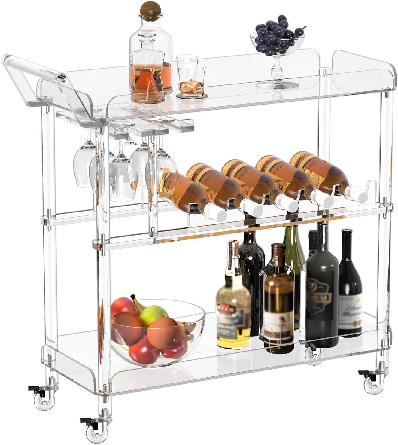 HMYHUM Acrylic Bar Cart with 4 Lockable Wheels, Clear Serving Cart with Wine Rack and Glass Holder, Rolling Beverage Cart for Home, Kitchen, Dinning Room, 33.7" L x 13" W x 34.8" H