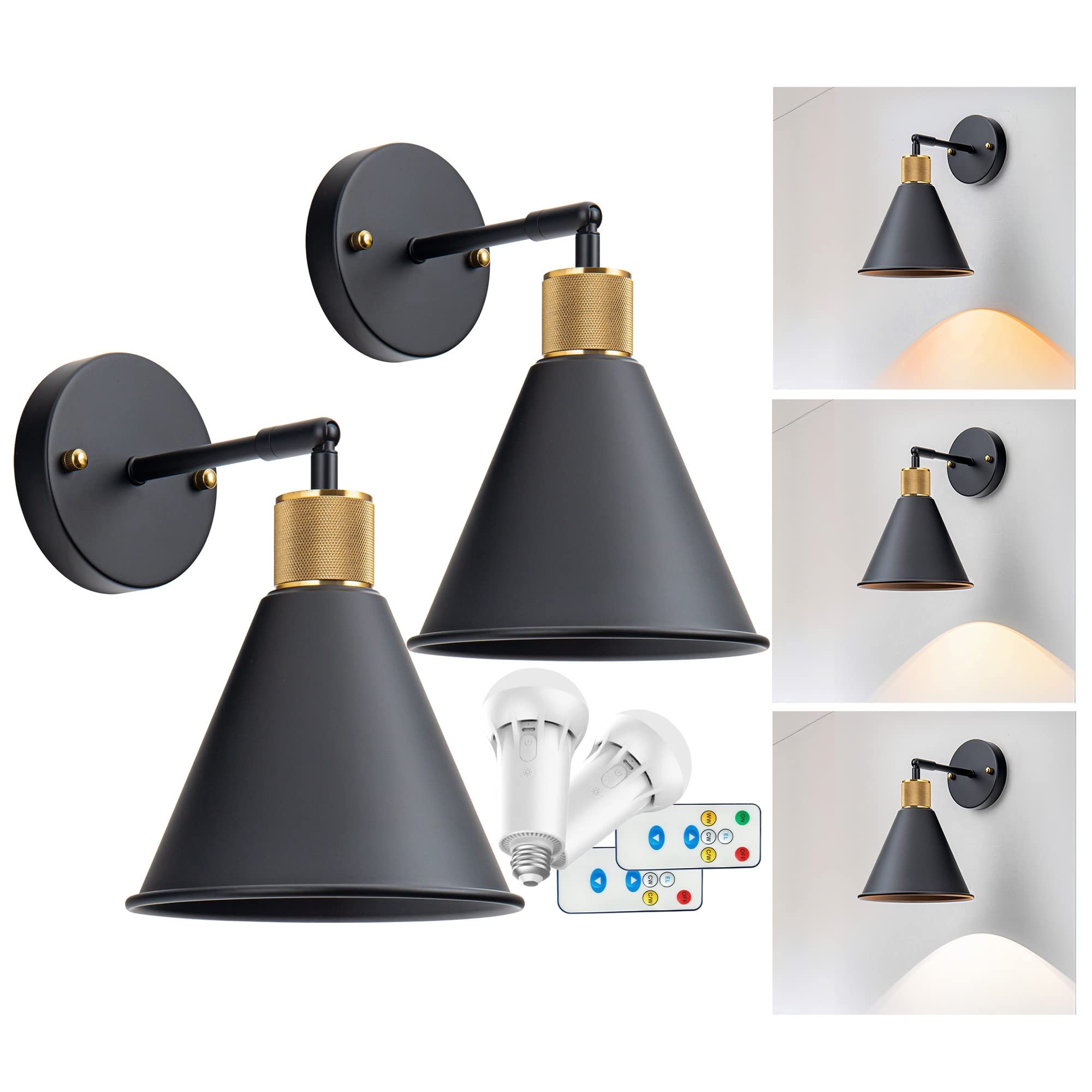 Vintage Battery Operated Wall Sconces Set Of Two, Adjustable Swing Arm Wall Lamp with Remote, Indoor Not Hardwired Dimmable Wall Lamp Light Fixtures For Bedroom, Easy To Install, Bulb Included ( Color