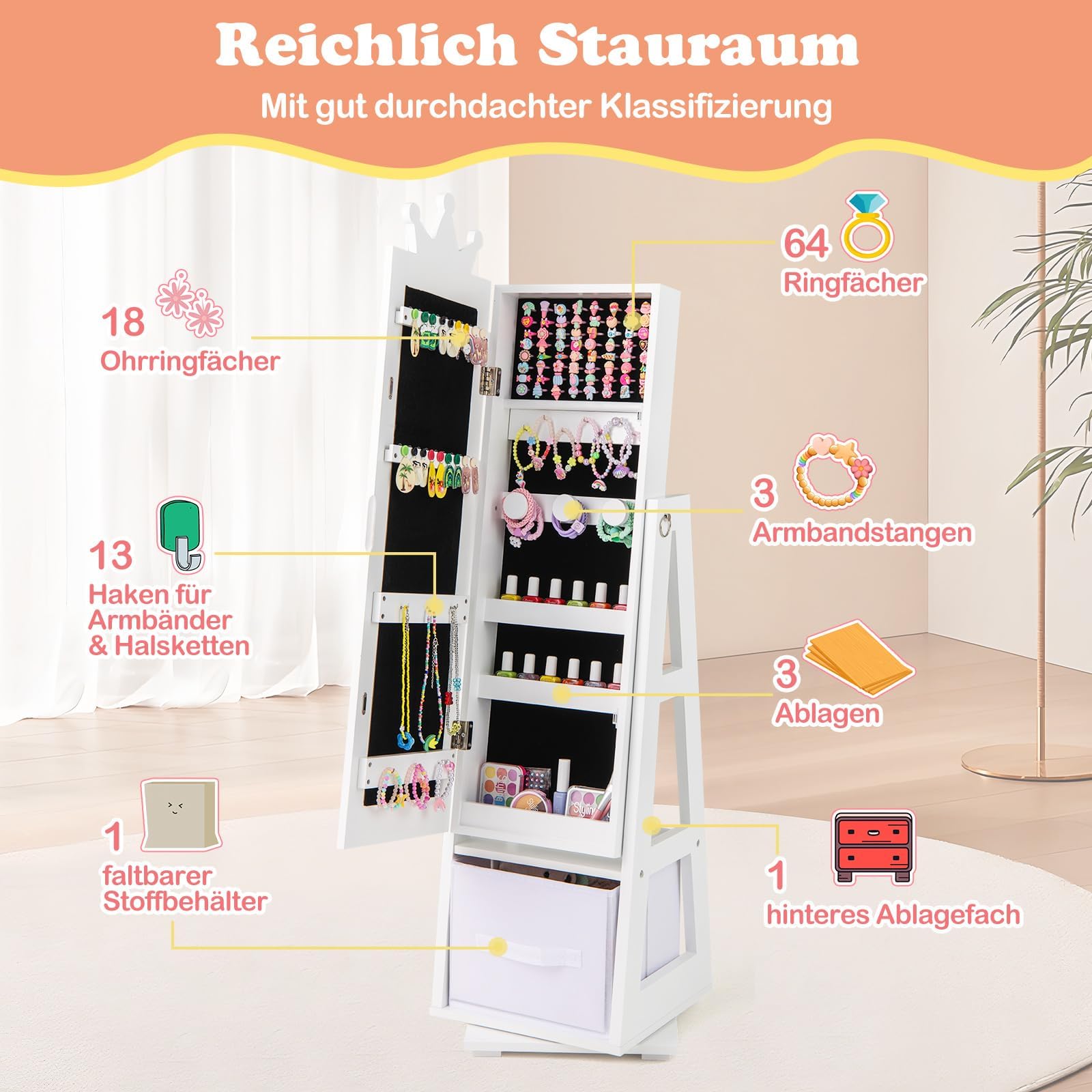 FANTASK Armoire à bijoux 3 en 1 pour enfants - Pivote à 360° - Avec miroir pleine longueur et panier de rangement - Blanc - Étagère à bijoux - Miroir de maquillage en forme de couronne - Pour enfants