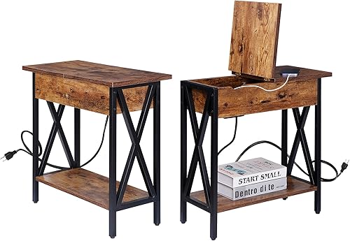 SUPER DEAL Juego de 2 mesas auxiliares con estación de carga mesa de sofá industrial estrecha mesita de noche moderna con puertos USB y salidas para