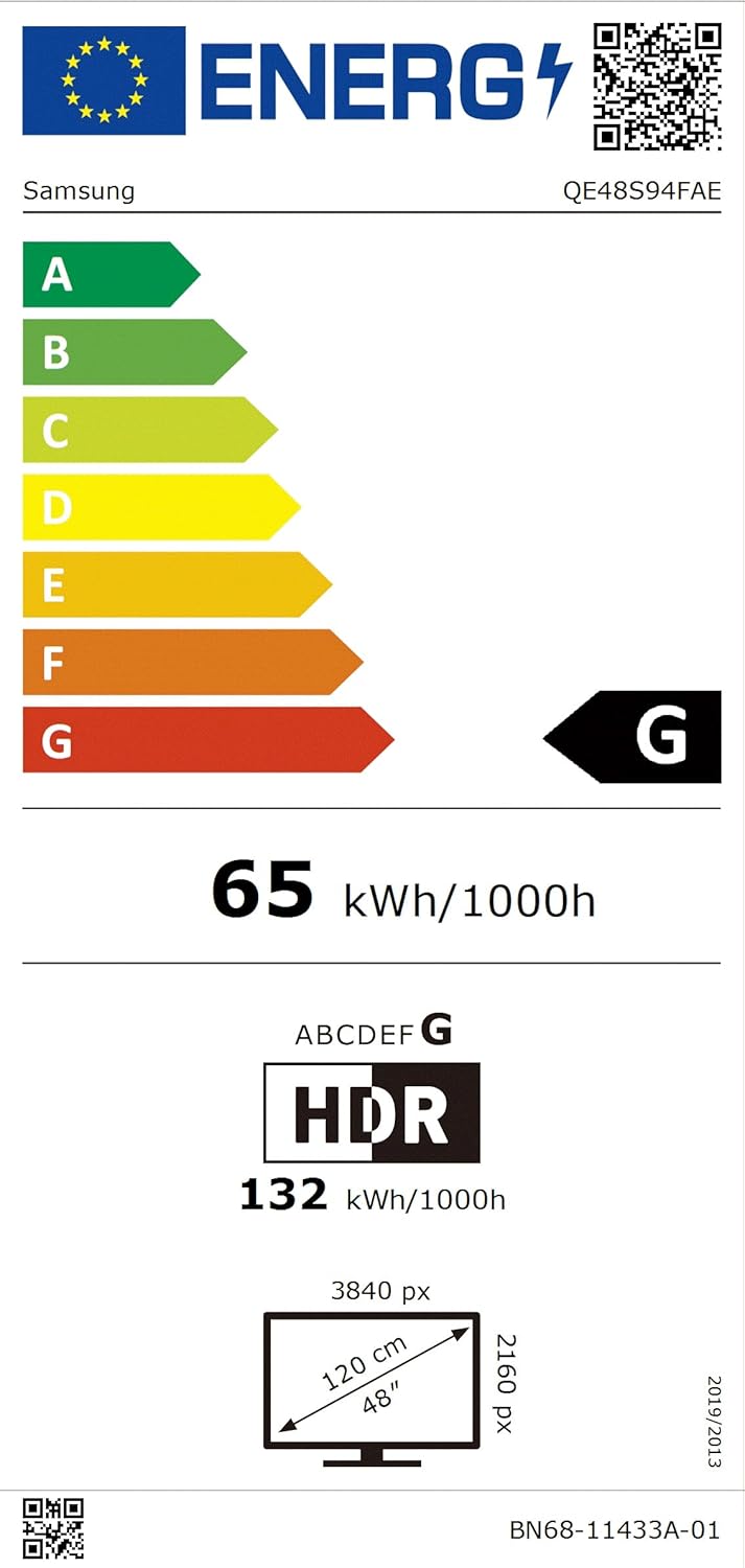 EU Energy Label for Samsung QE48S94FAE, showing energy class G for SDR (65 kWh/1000h) and HDR (132 kWh/1000h), and screen size 48 inches.