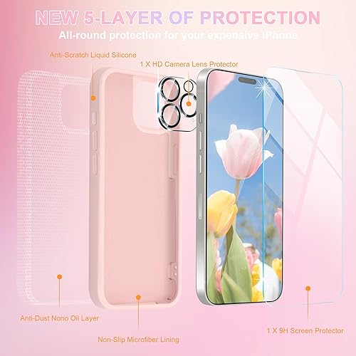 Miniatura 5 de Funda para iPhone 15 Pro Max, con protector de pantalla + protector de lente de cámara goma de silicona líquida a prueba de golpes forro de