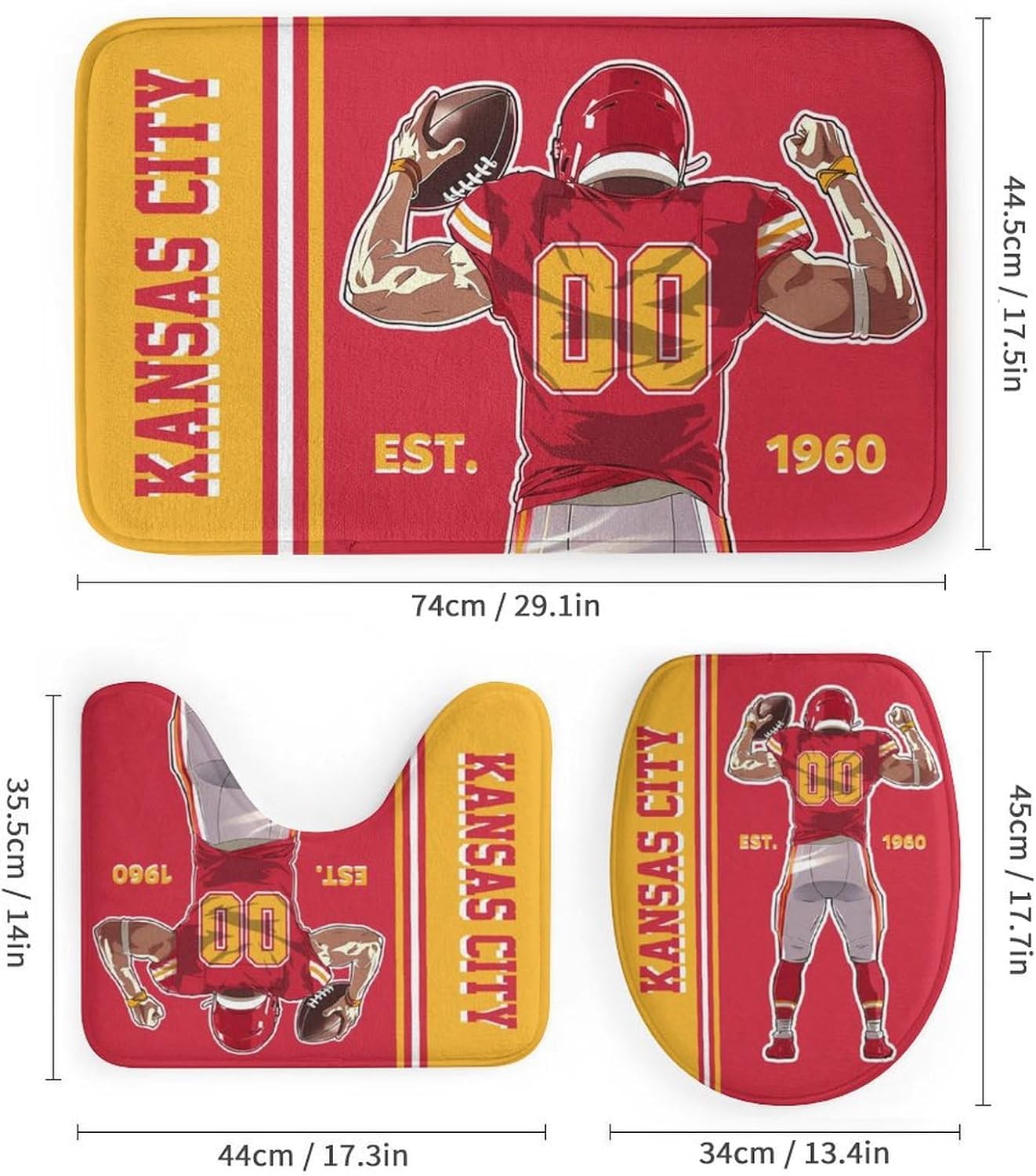 Custom 4PCS Kansas City Shower Curtain Set, Personalized Name and Number Shower Curtain Set for Bathroom, Includes Bath Mat, Toilet Cover Mats, U-Shaped Mat and Shower Curtains 72 Inch X 72 Inch