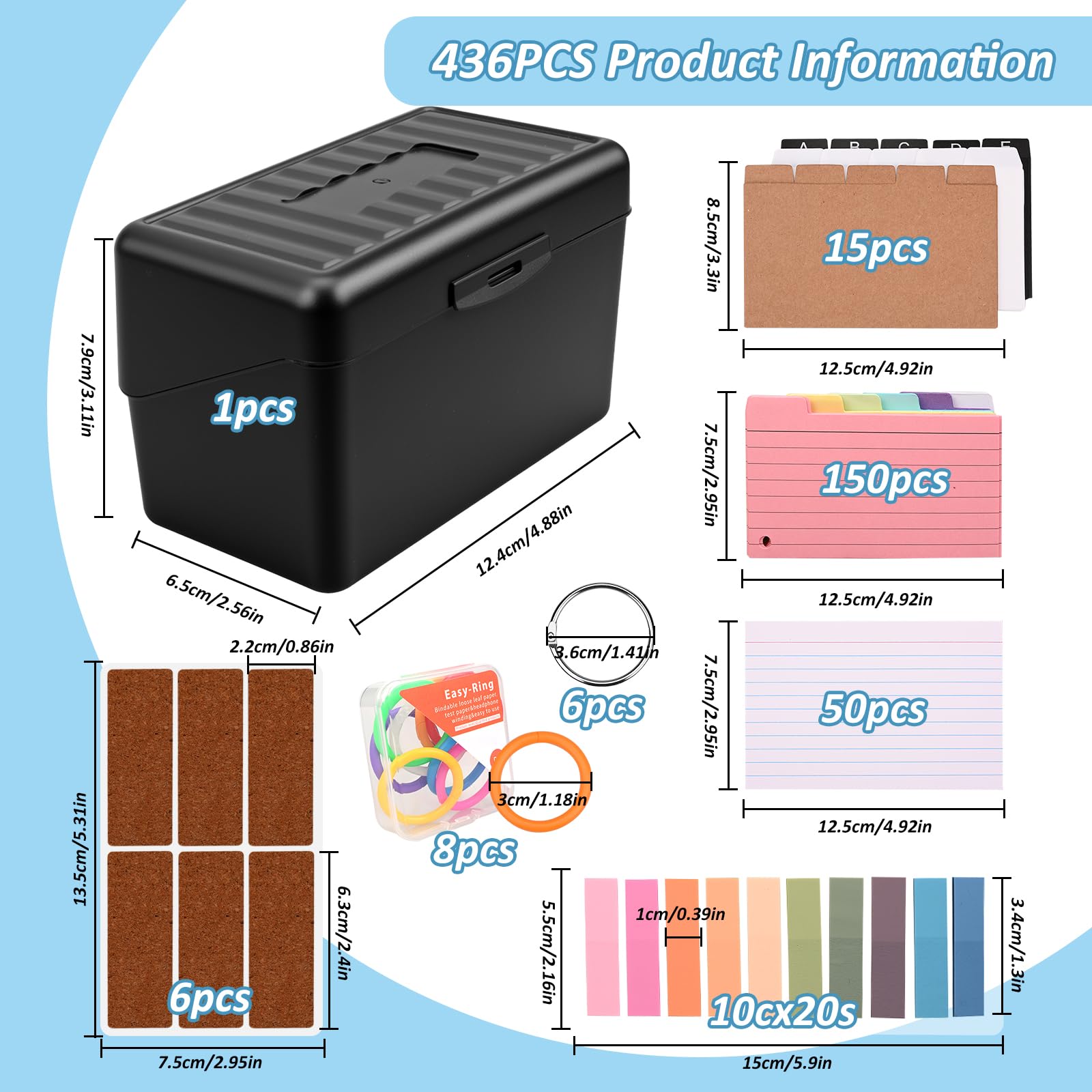 Boîte à Cartes A7A8 avec 436 Cartes Lignées Colorées, Organisateur de Révision pour École et Bureau