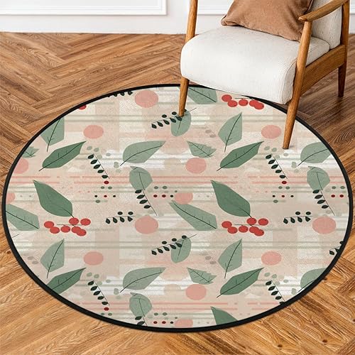 Christmas Winter Holly Leaves Berries (5) Round Area Rug 3ft Machine Washable Circular Rugs for Dining Room Table Bedroom Playroom Throw Rugs for