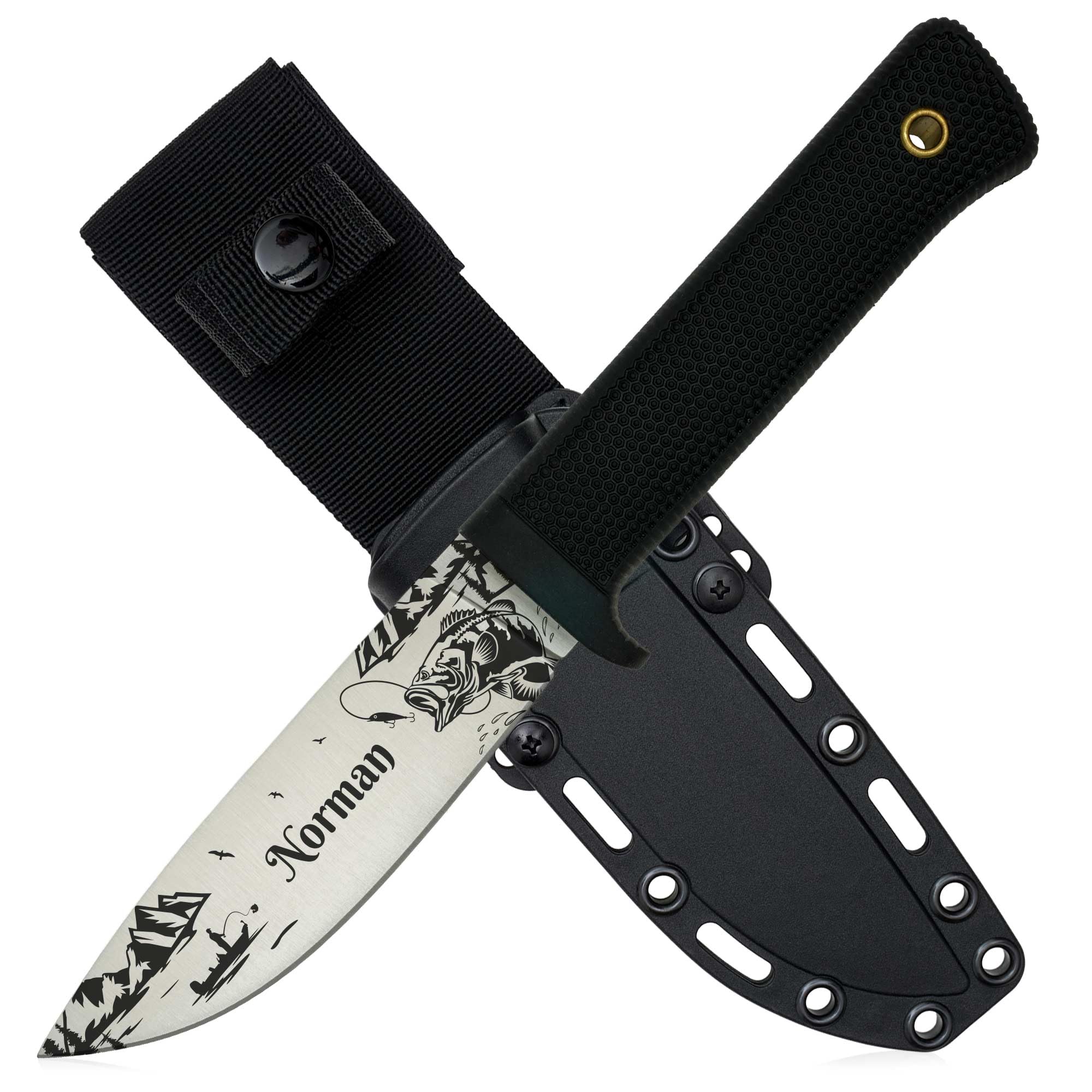 ADAM WILD Angelmesser mit Gravur | Anglermesser & Geschenke für Angler | Mit rostfreier Edelstahlklinge & gummiertem Griff | personalisiert mit Name & Motiv | inkl. Messerscheide | für Angeln
