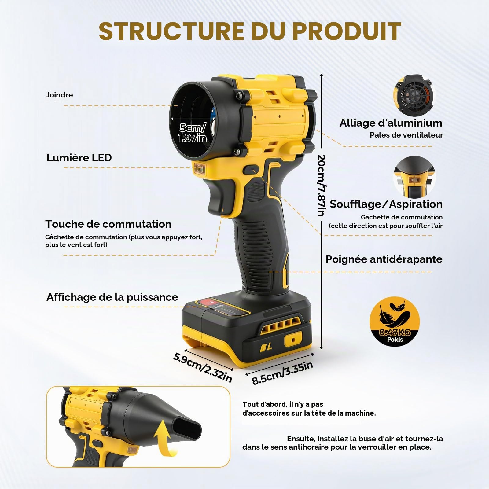 Souffleur à poussière sans fil pour Dewalt 18/20 V, aspirateur à main 2 en 1 sans balai 85 000 tr/min avec vitesse réglable et 5 buses pour la voiture, la maison, le bureau, la cuisine (sans batterie
