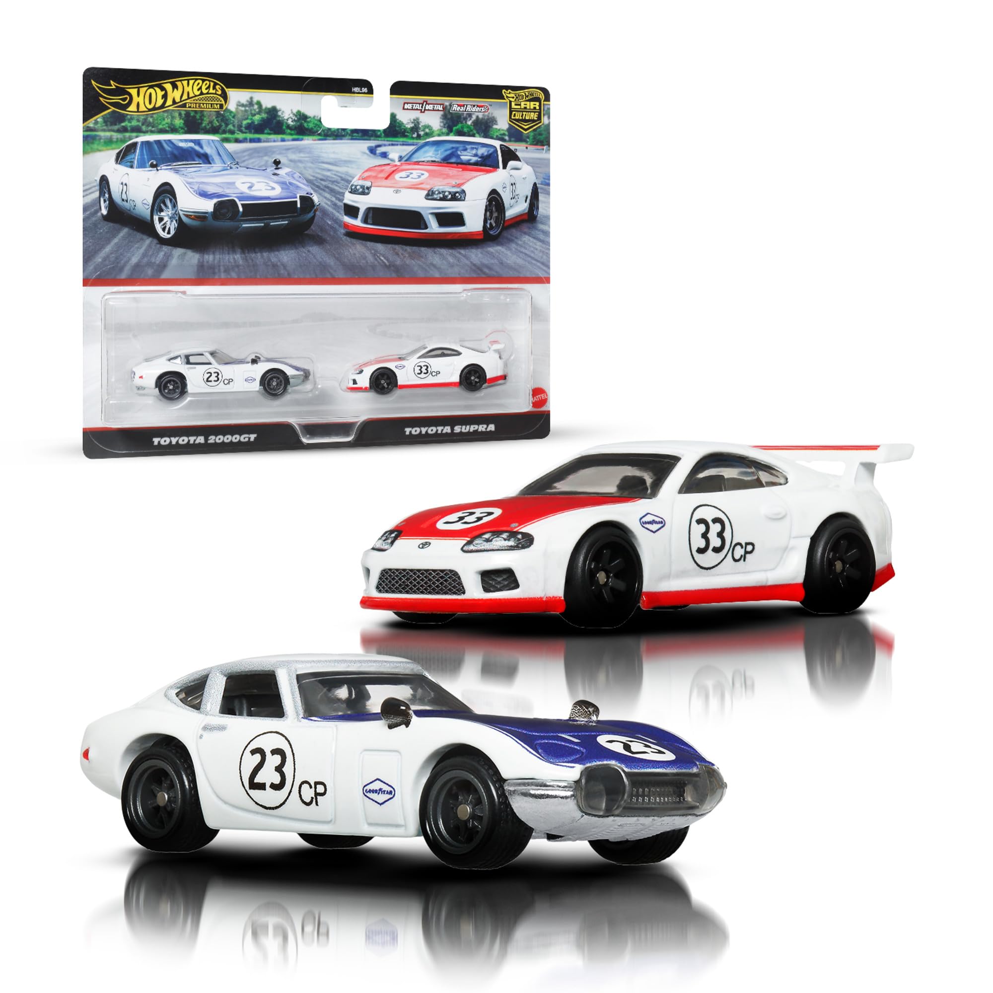 Hot Wheels Premium Kultowe auta Toyota 2-pak samochodów w skali 1:64, wyjątkowe połączenia, opony Real Riders, metalowa konstrukcja, zestaw auta dla kolekcjonerów, JBL03