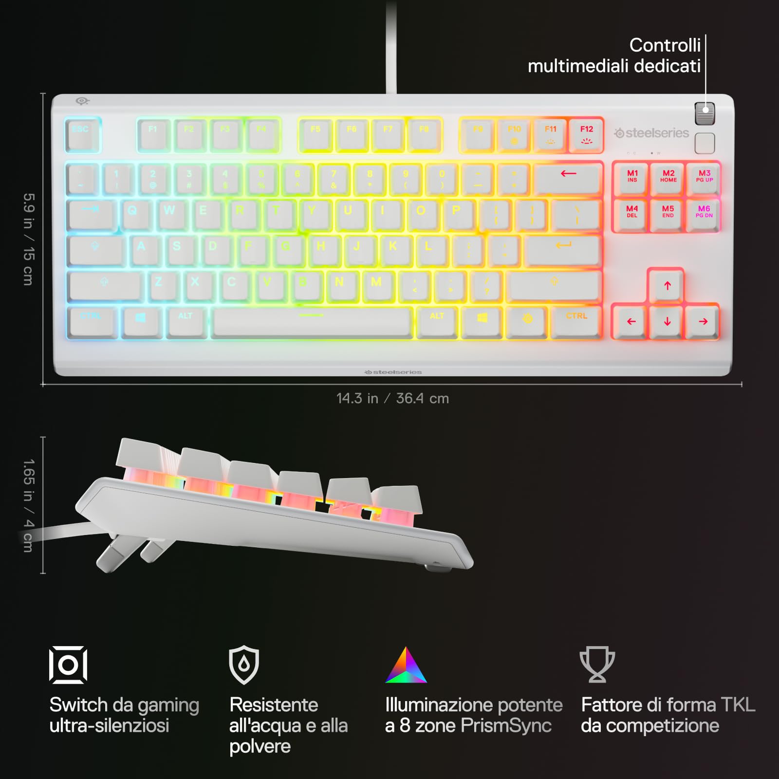 SteelSeries Apex 3 TKL - Tastiera Gaming Bianco - Fattore di forma compatto senza tastierino - Illuminazione RGB a 8 zone - Resiste ad acqua e polvere - Switch da gaming super silenziosi - UK QWERTY