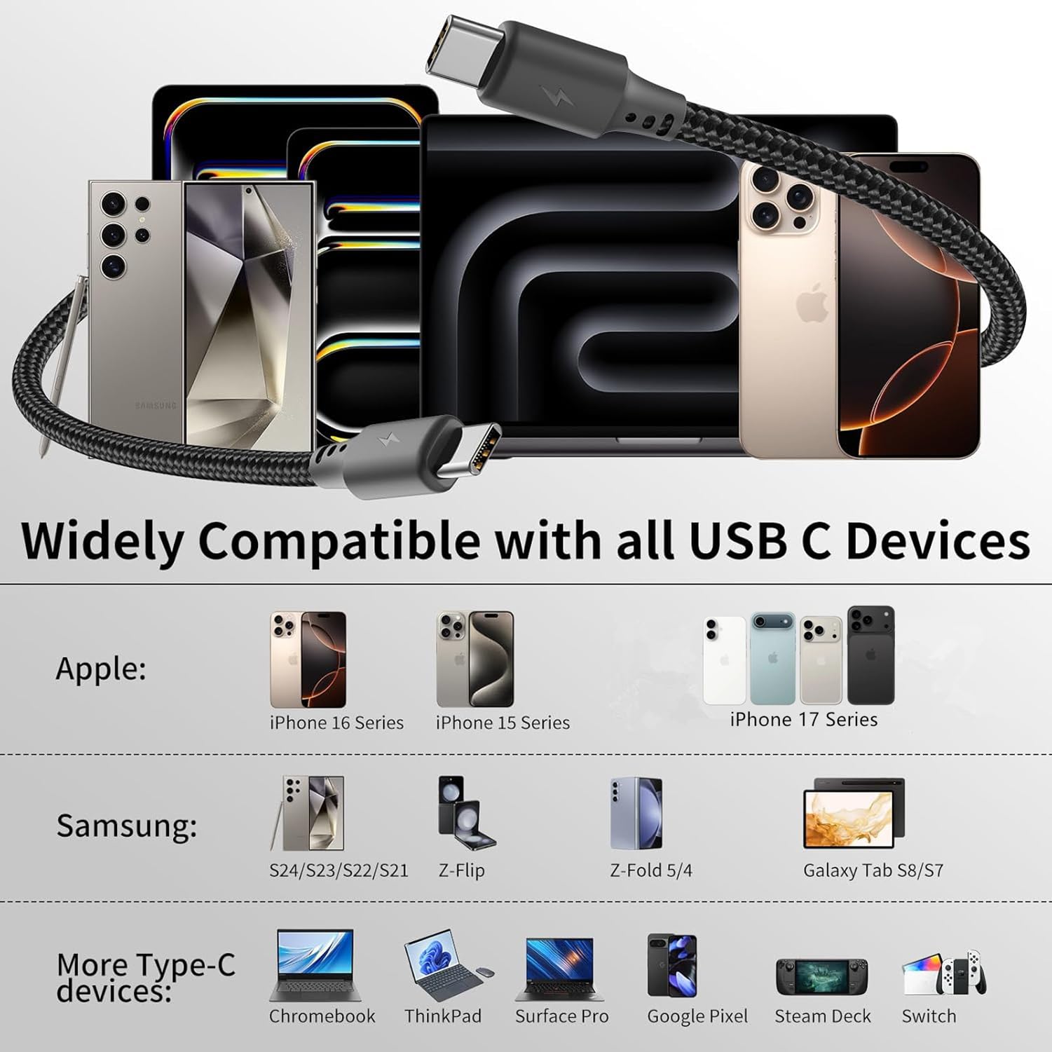 Kurzes USB-C-auf-USB-C-Kabel, 45,7 cm, 3 Stück, USB-C-Kabel, kurz, 60 W (3 A), PD-Schnellladekabel, Nylon, geflochten, USB-C auf Typ-C-Kabel, 45,7 cm, für iPhone 16, 15 Pro Max, Samsung Galaxy S234