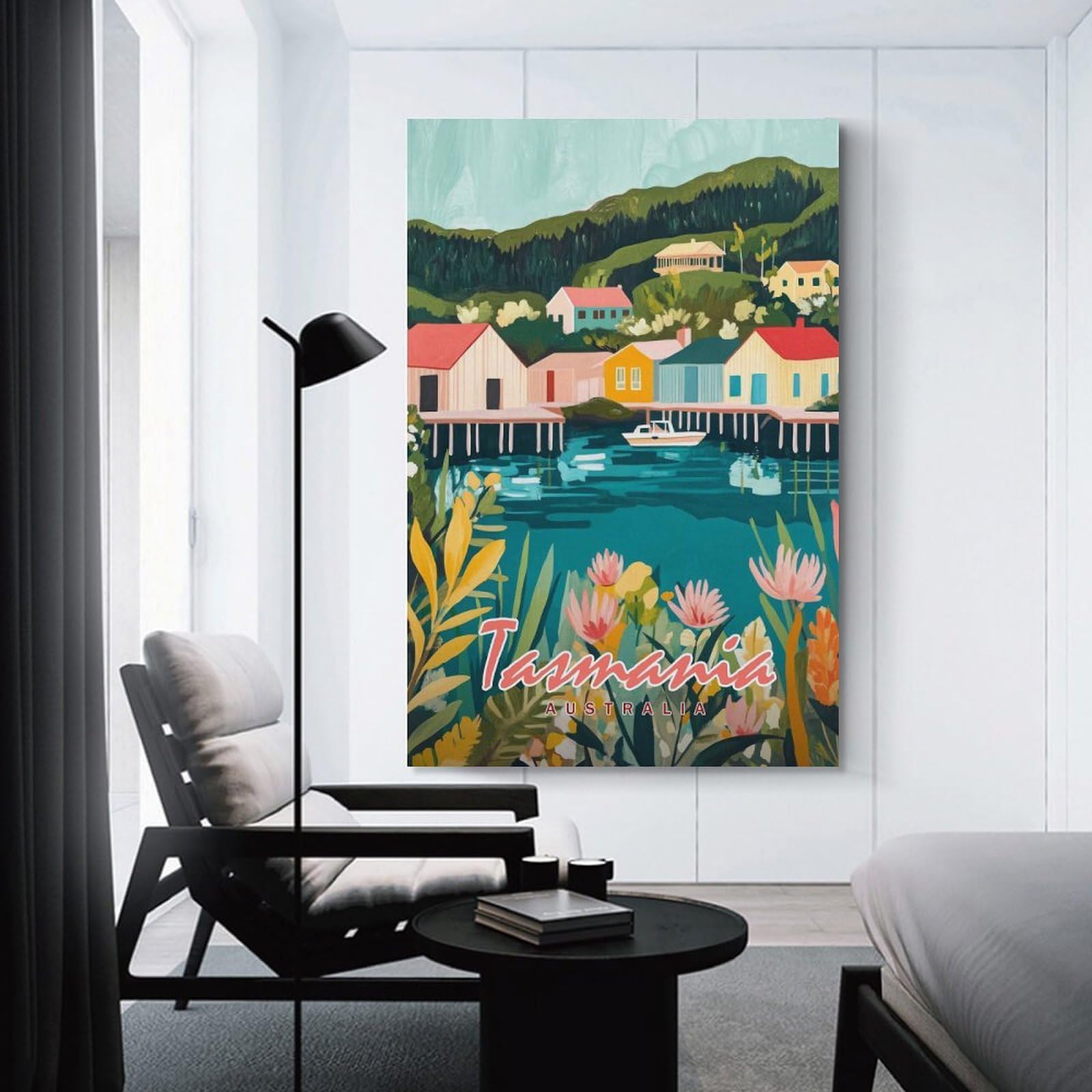 Junmoney Hanging Wall Art Tasmania Watercolor Landscape, 24x36inch(60x90cm), for Living Room, Bedroom Or Apartment Walls, Decorative Artwork for Empty Walls