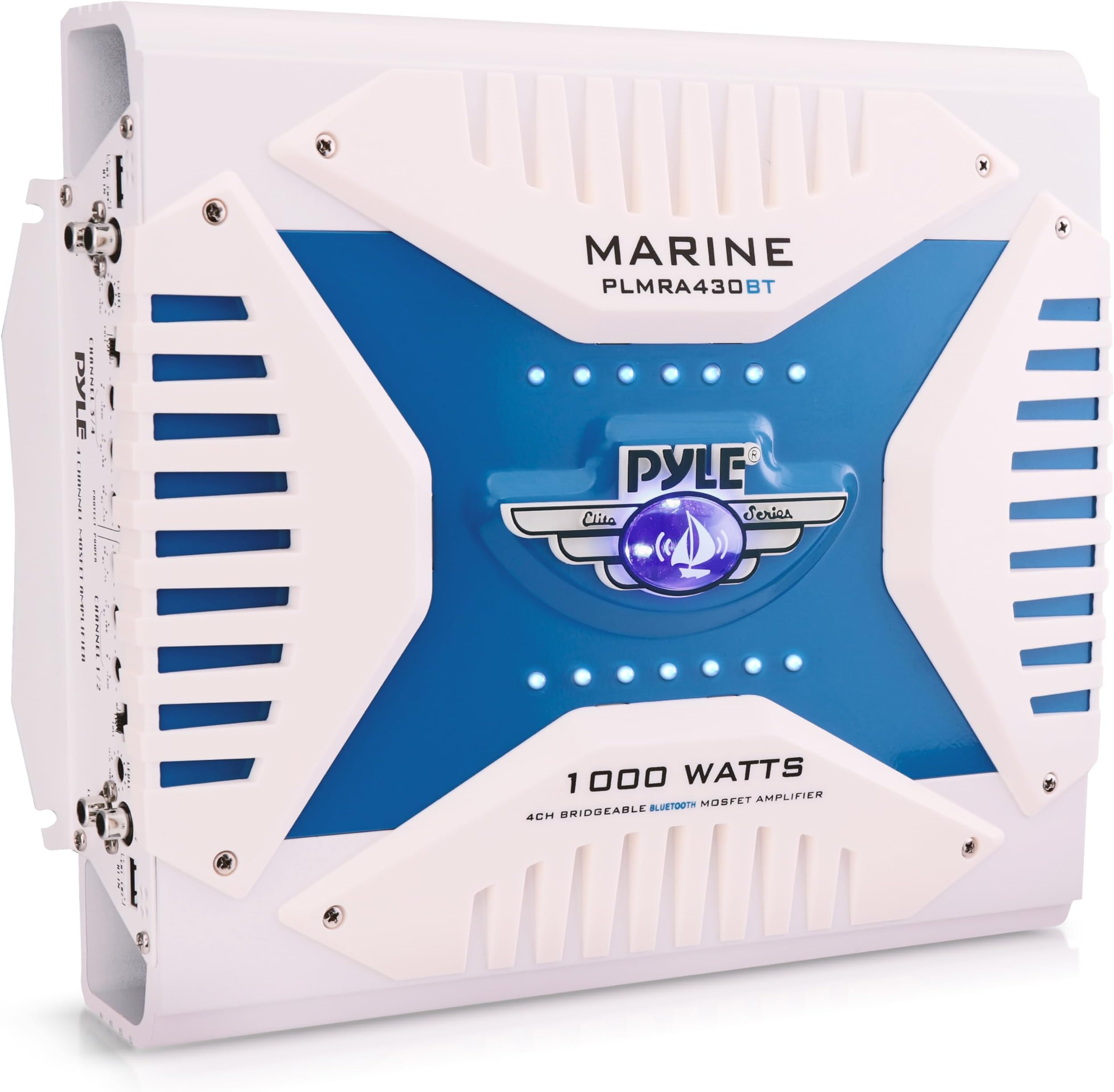 2.1 Bluetooth Marine Amplifier Receiver - Waterproof 4 Channel Wireless Bridgeable Audio Amp for Stereo Speaker with 1000 Watt Power Dual MOSFET Supply, GAIN Level and LED Indicator - Pyle PLMRA430BT