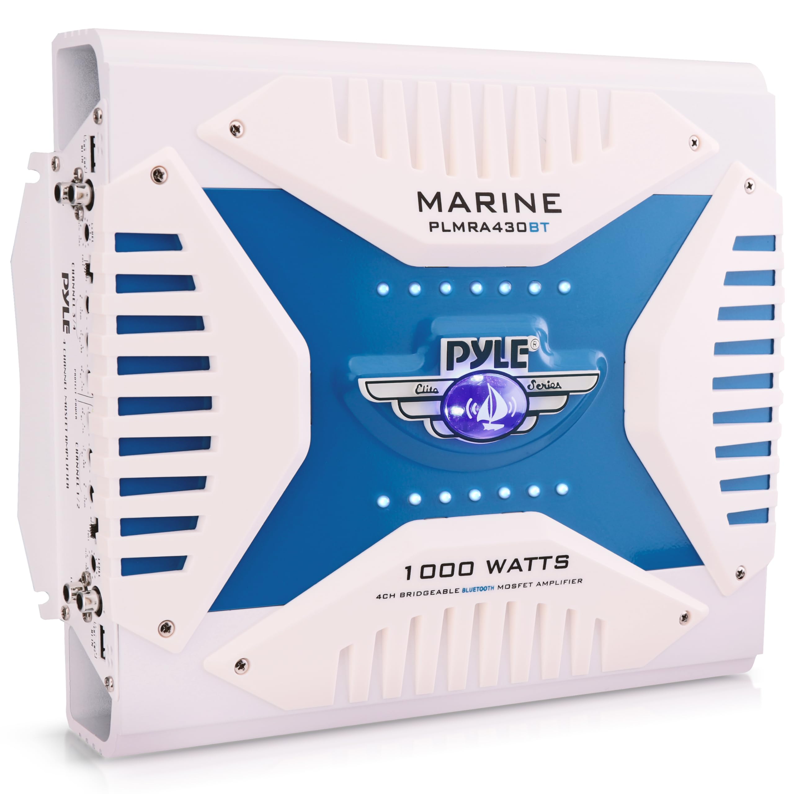 Photo 1 of 2.1 Bluetooth Marine Amplifier Receiver - Waterproof 4 Channel Wireless Bridgeable Audio Amp for Stereo Speaker with 1000 Watt Power Dual MOSFET Supply, GAIN Level and LED Indicator - Pyle PLMRA430BT