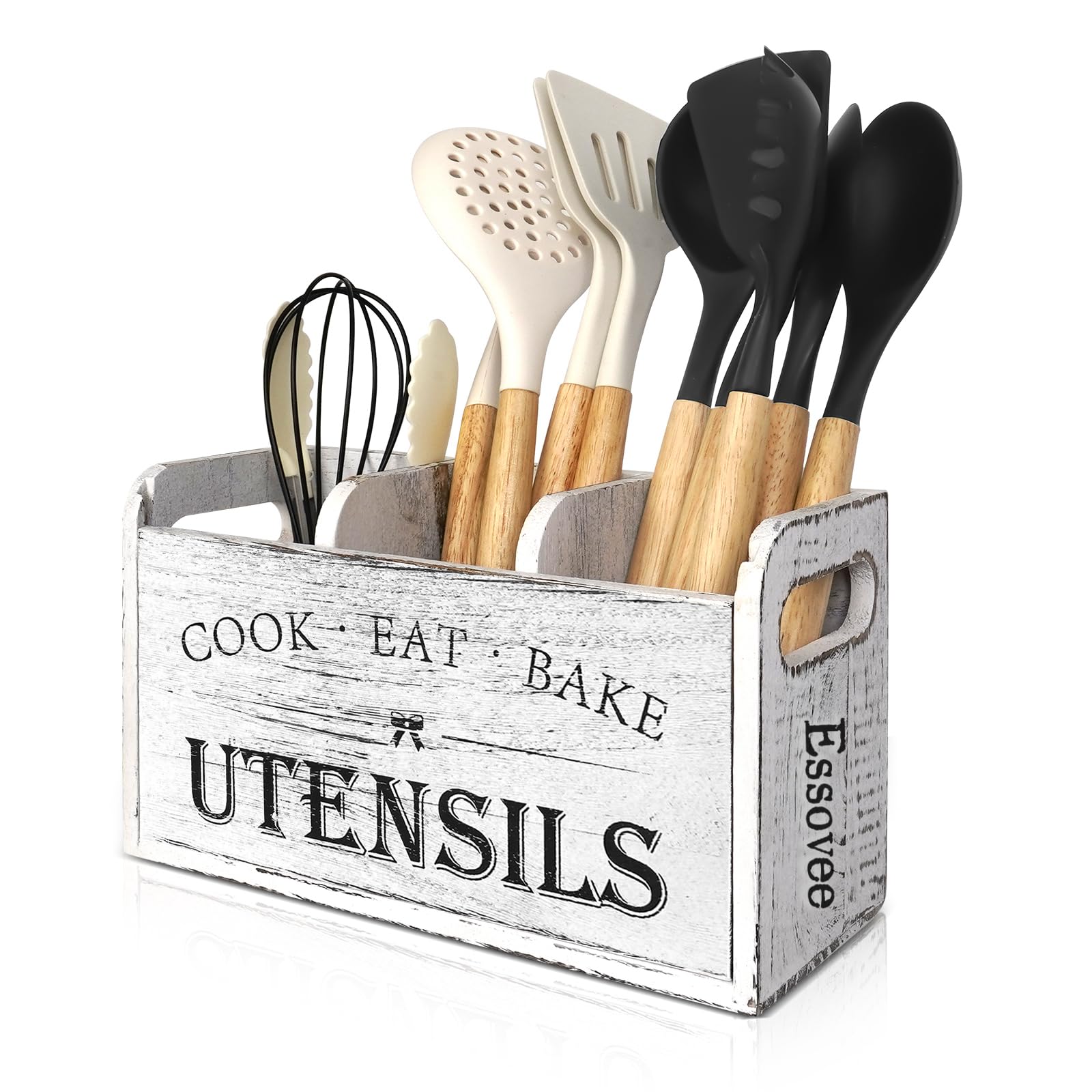 Essovee Farmhouse Kitchen Utensil Holder with 3 Compartments, Wooden Utensil Organizer for Countertop, Utensil Holder Rustic Cooking Utensil for