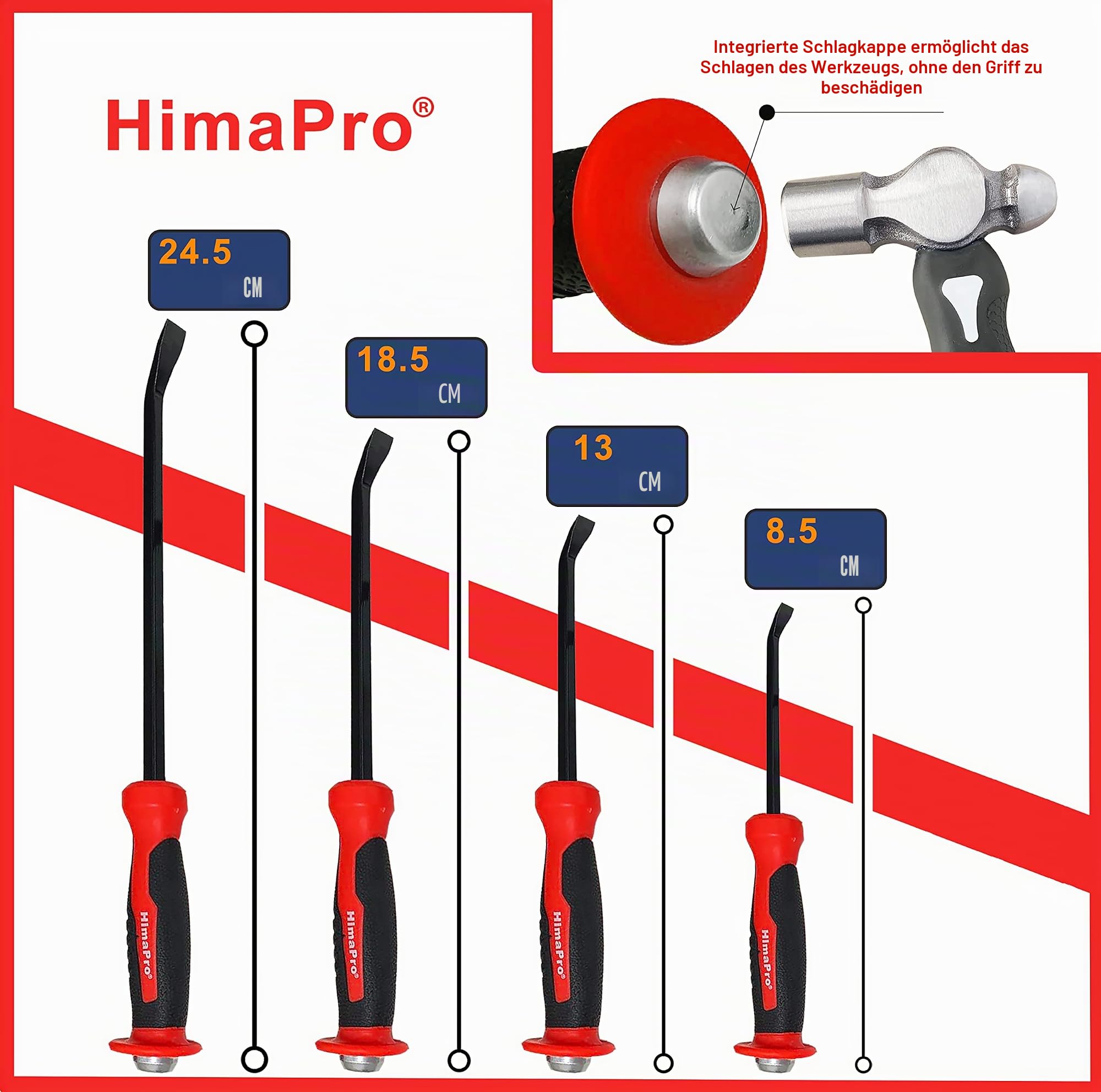 HimaPro Schwerlast-Werkzeughebel-Set mit abgewinkelter Spitze, 4-teiliges Brecheisen-Set mit Schlagkappen und Handschutz, Industriestahl – ideal zum Hebeln, Abkratzen, Anheben und Ziehen