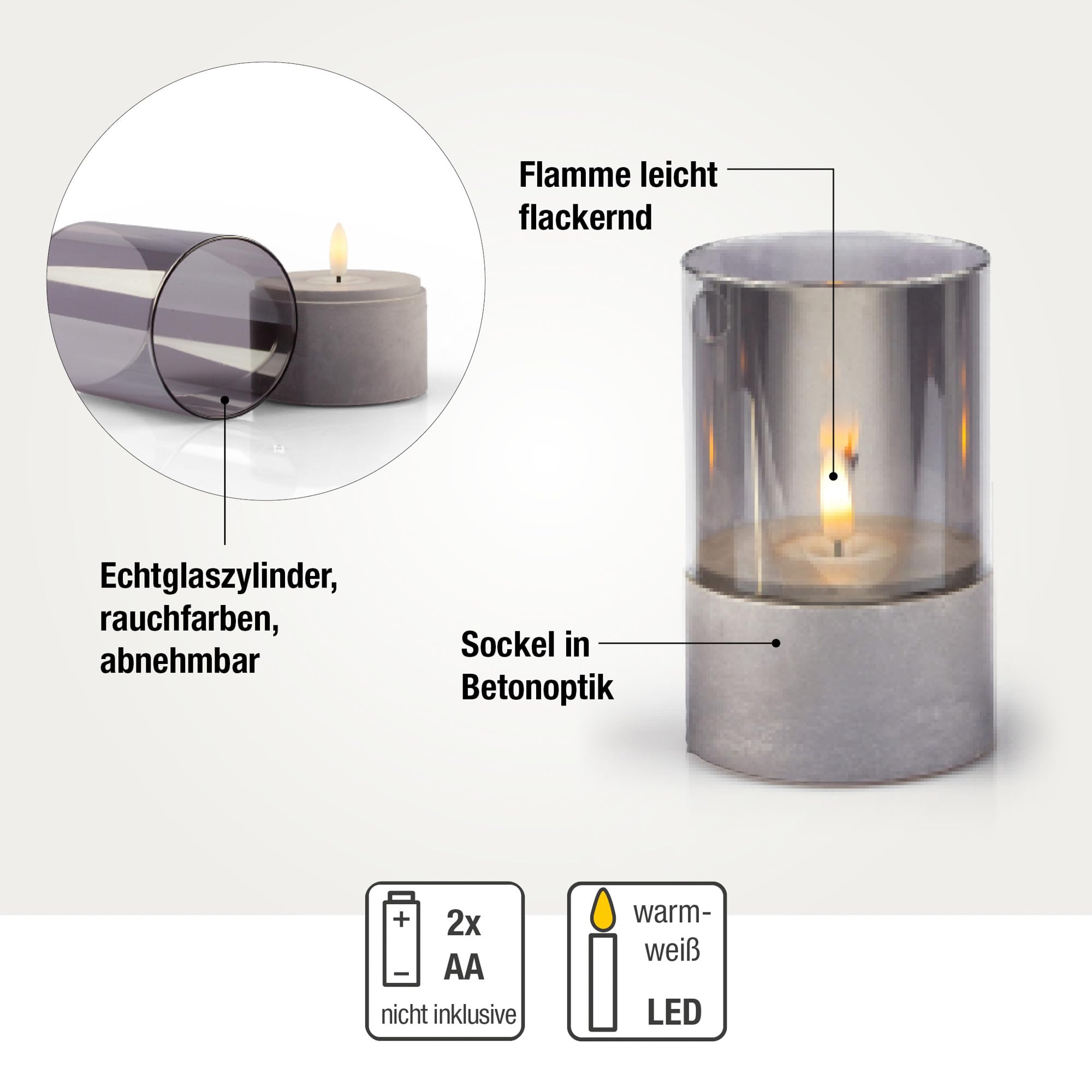 hellum LED Kerzen mit Timerfunktion, 3er Set LED Stumpenkerzen Outdoor, flackernde Flamme, Grau Ø 8 cm, Höhen 10/12,5/15 cm, 6h-Timer, batteriebetrieben (6x AA, nicht inkl.) 151992