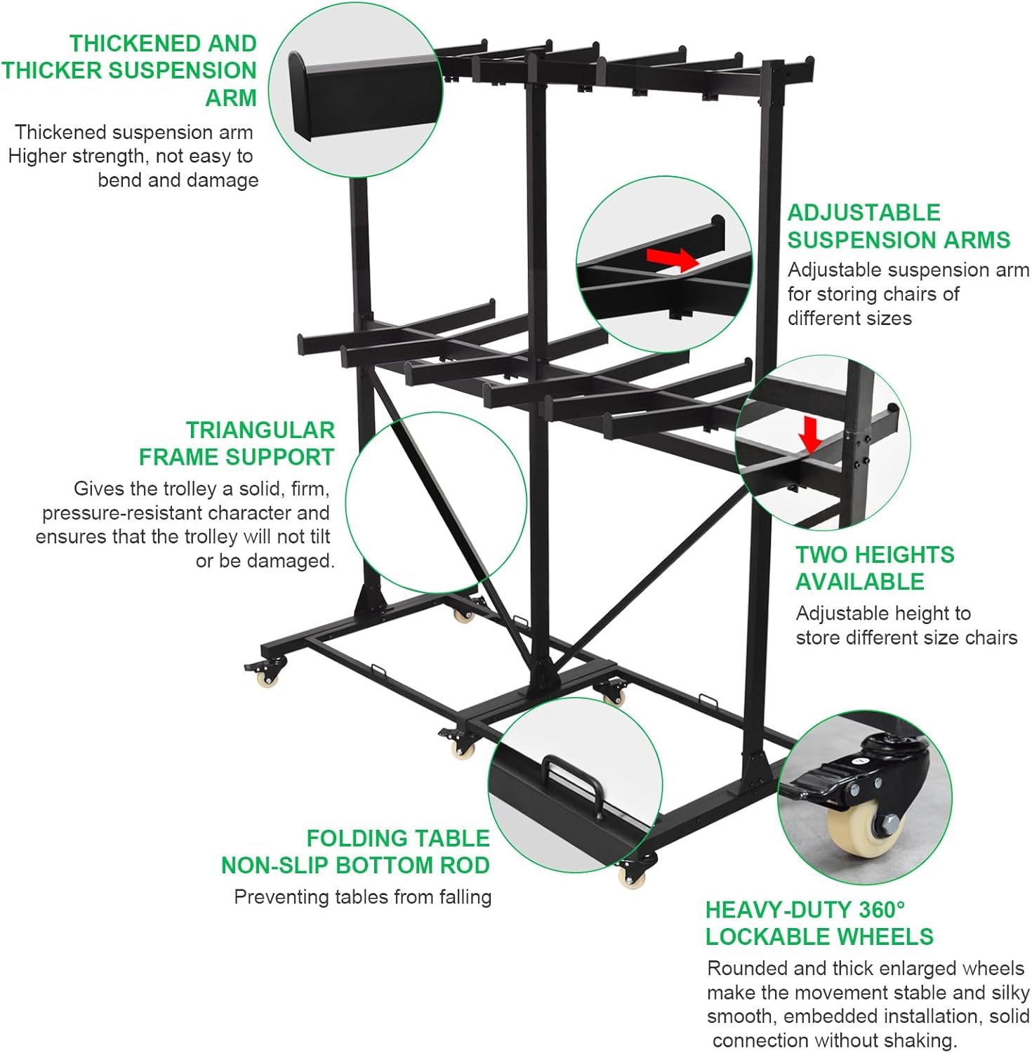 Folding Chair Cart Storage Rack Thickened Two Tier Heavy Duty Folding Table Chair Racks for Storage with Locking Rubber Wheels can Withstand 800LBS Capacity