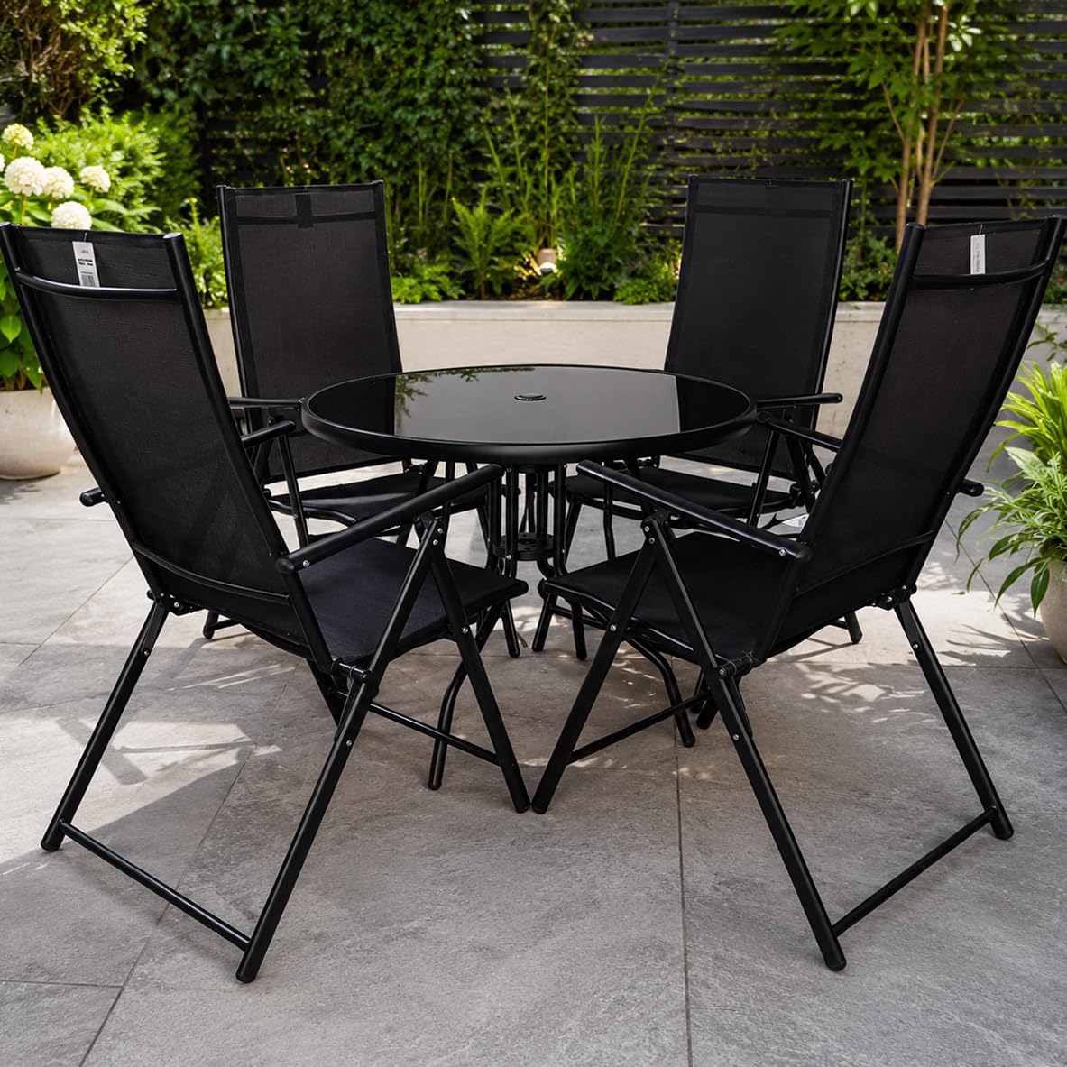 Outdoor 4 Person Round Glass Top Garden Dining Table Chairs Set