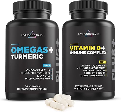 Livingood Daily Paquete Essentials: potente suplemento de Omega 3-6-7-9 Plus cúrcuma emparejado con vitamina D3 K2, magnesio, mezcla de probióticos