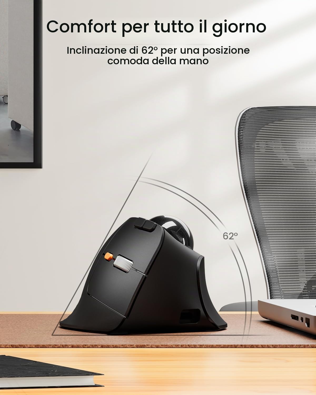 ProtoArc EM05 NL Mouse trackball verticale senza fili, mouse ergonomico con Bluetooth, ricaricabile, per computer portatile, connessione a 3 dispositivi, compatibile con iPad, Mac, Windows, PC, grigio