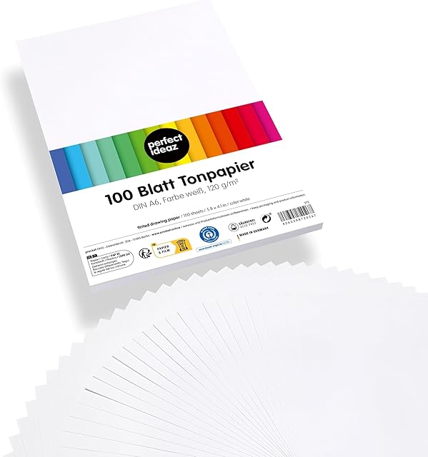 perfect ideaz  100 Sheets of Clay Paper DIN A6, White, 120 g/m², Made in Germany, Blue Angel Certified