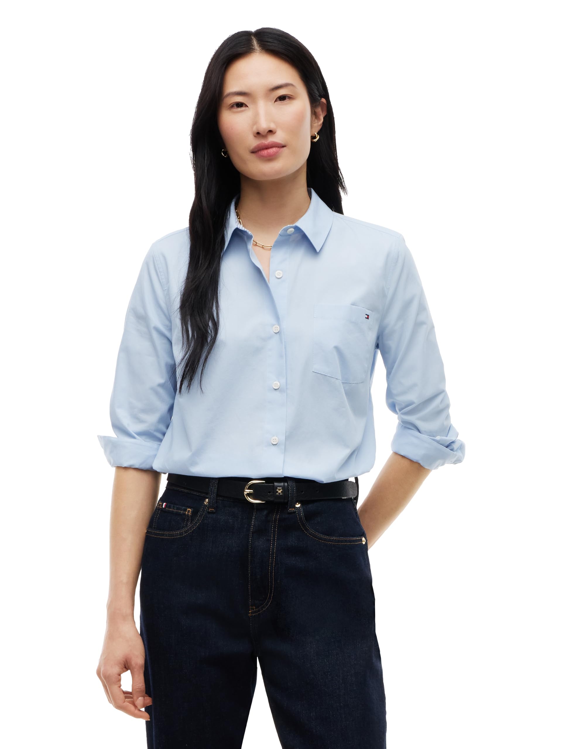 Women's Cotton Poplin Long Sleeve Button Down Shirt in Regular Fit with Roll Up Sleeve