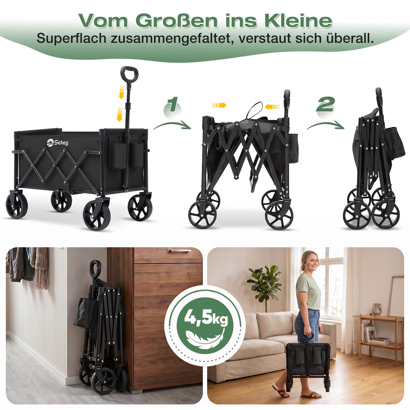 Sekey Bollerwagen Faltbar Klein 80KG, Handwagen Klappbar, Faltbarer Einkaufswagen Campingwagen mit Höhenverstellbarem Griff, Leicht & Platzsparend & Stabil, Mini 4029, Schwarz