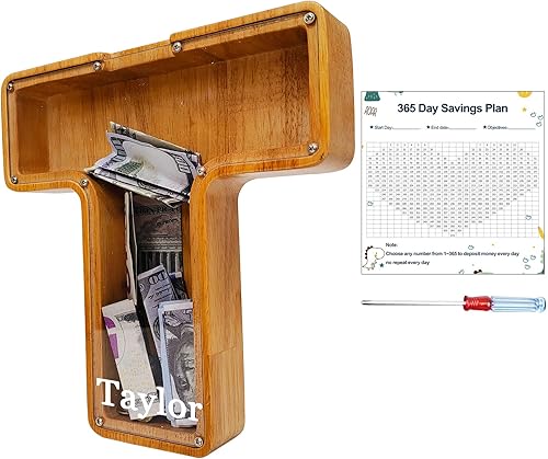 Miniatura 108 de Alcancía para niños y niñas, alcancía grande de madera personalizada con diseño recortado, bancos de monedas con letras del alfabeto, caja de ahorro