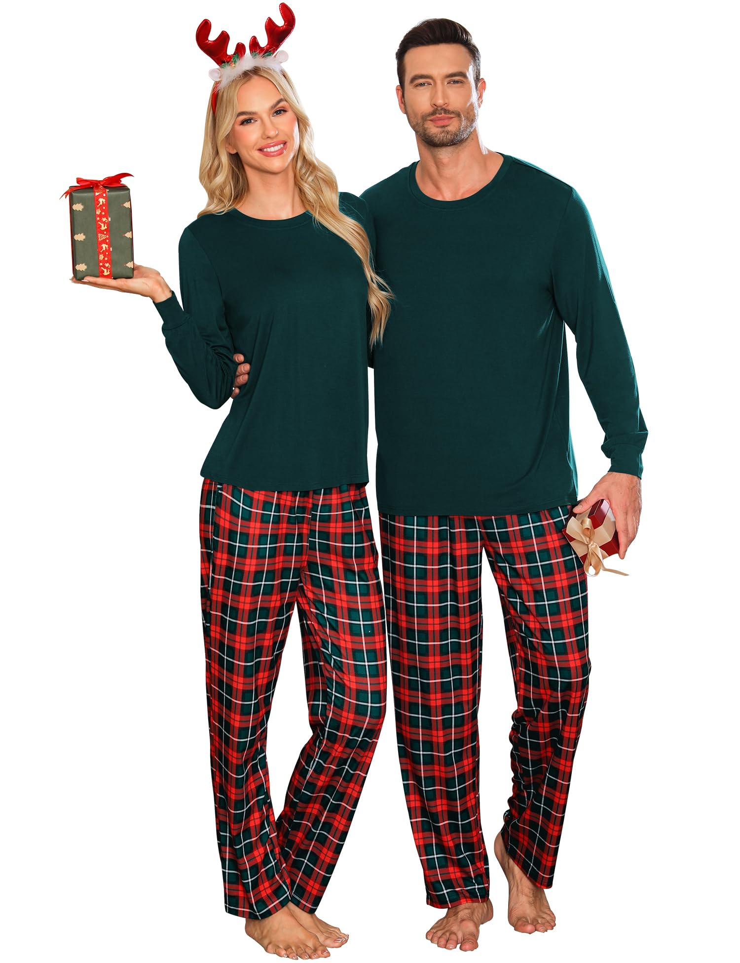 LecGee Pijamas de Navidad a juego para parejas, de manga larga, ropa de dormir familiar, para mujeres y hombres, pijamas a cuadros con bolsillos