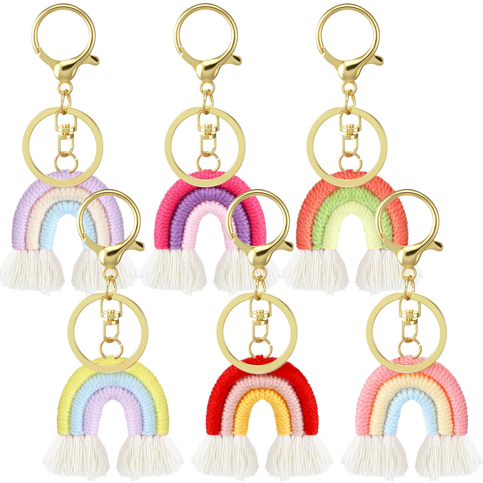 Landhoow 6 Pcs Boho Rainbow Keychains Bulk Women Macrame Rainbow Key Chains Mini Tassel Keychains Car Keyrings Holder(Pastel Color)