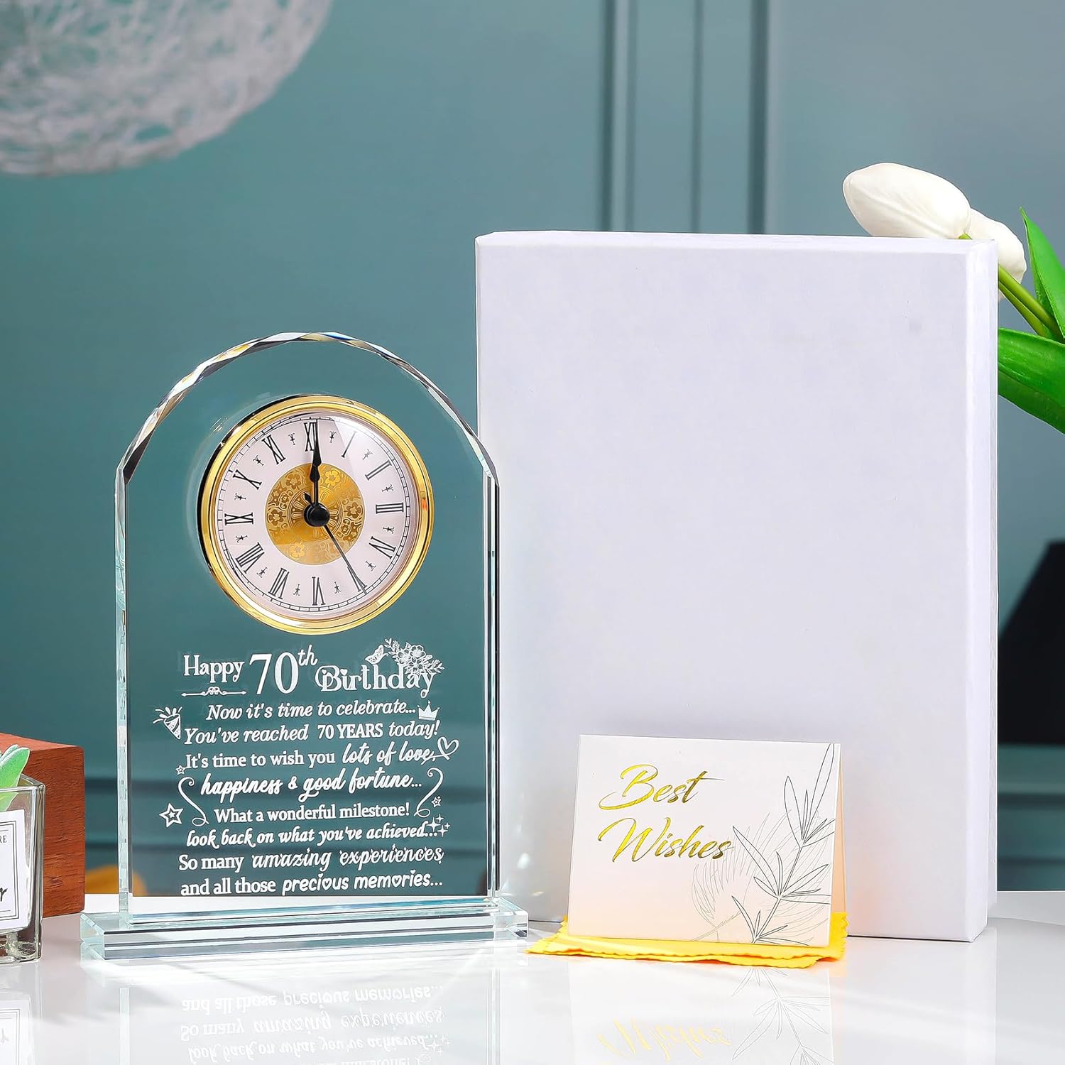 Ornalrist Happy 70th Birthday Glass Clock Gifts for Women, Men - 70 Year Old Birthday Keepsake for Mom, Dad, Parents Home Decor (8.3'' Gift Boxed) - Image 4