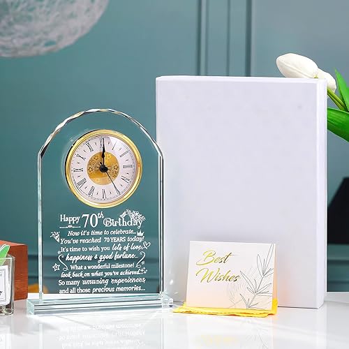 Vista 4 de Ornalrist Reloj de cristal de feliz cumpleaños 70 para mujeres, hombres, recuerdo de cumpleaños de 70 años para mamá, papá, padres, decoración