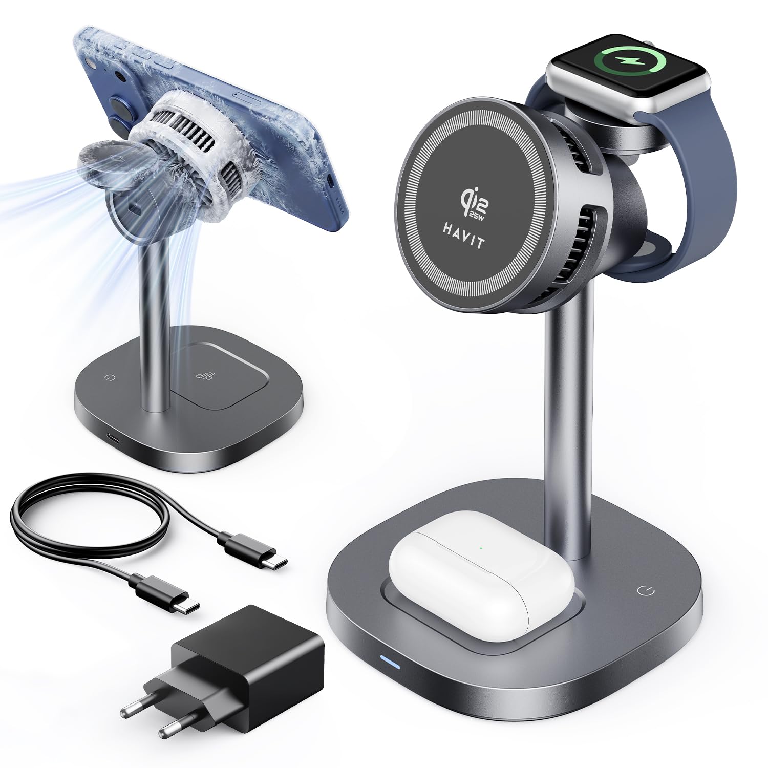 Qi2.2 25W MagSafe 3-in-1 Ladestation mit Kühlung für Apple Watch und iPhone | Wireless Charger für iPhone 17/16/15, Samsung S26/S25/S24, Watch, AirPods, aktive Kühlung, inkl. 45W Netzteil
