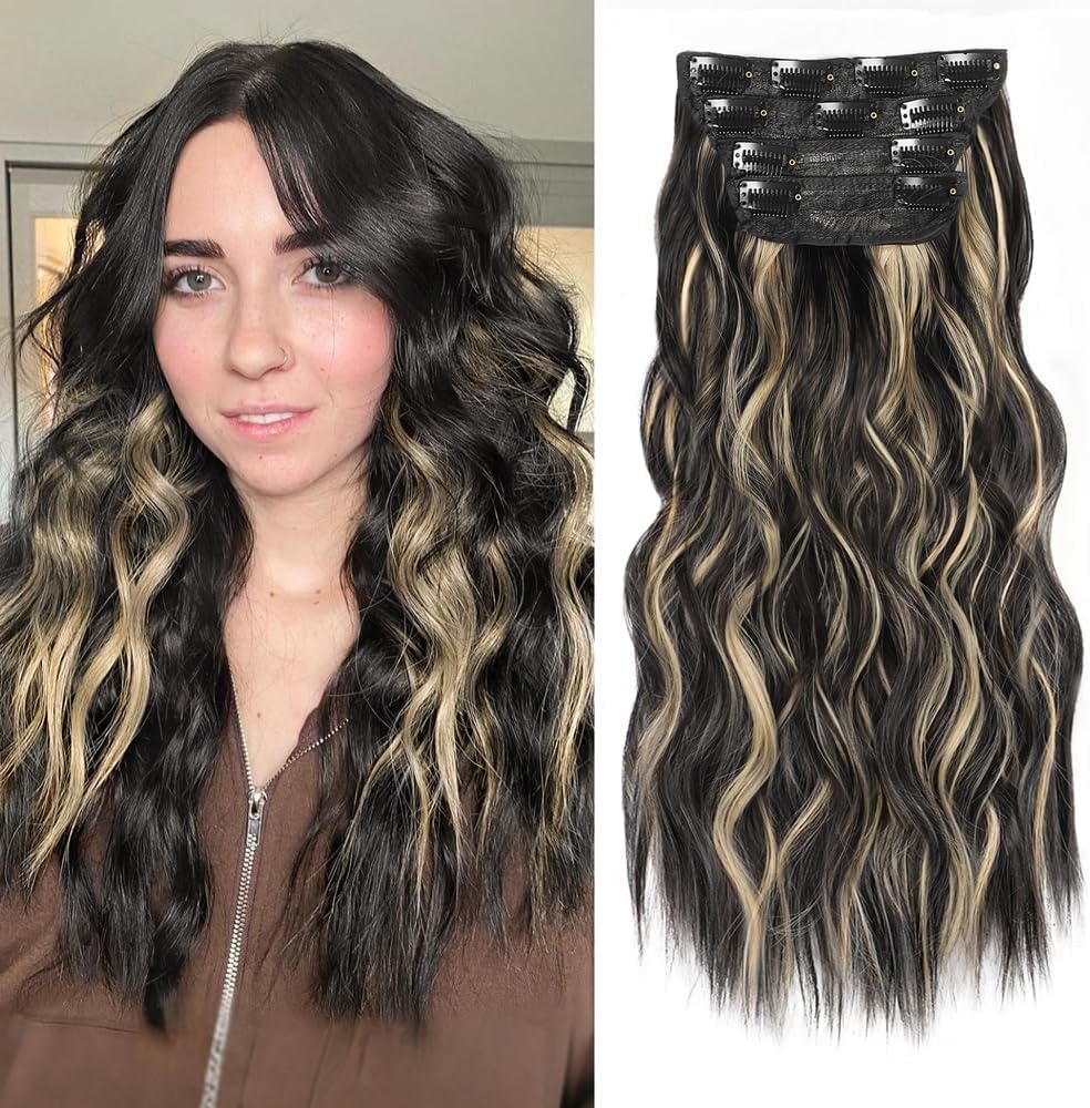 ALXNAN Clip in Hair Extensions for Women, Black Mix Blonde Long Wavy Hair Extensions Clip Ins 4PCS 16 Inch Synthetic Soft and Natural Thick Hair Pieces for Women
