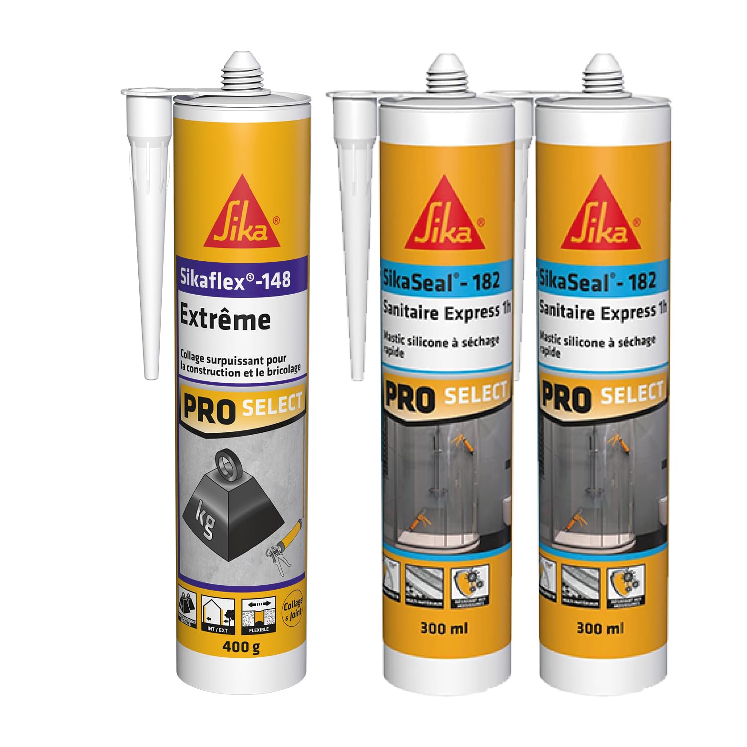 SIKA - Colle de fixation élévée à maintien immédiat - Intérieur et extérieur - Blanc - 290ml + 2x Mastic silicone à séchage rapide - Anti-moisissures - Joint sanitaire - Blanc - 2x300ml
