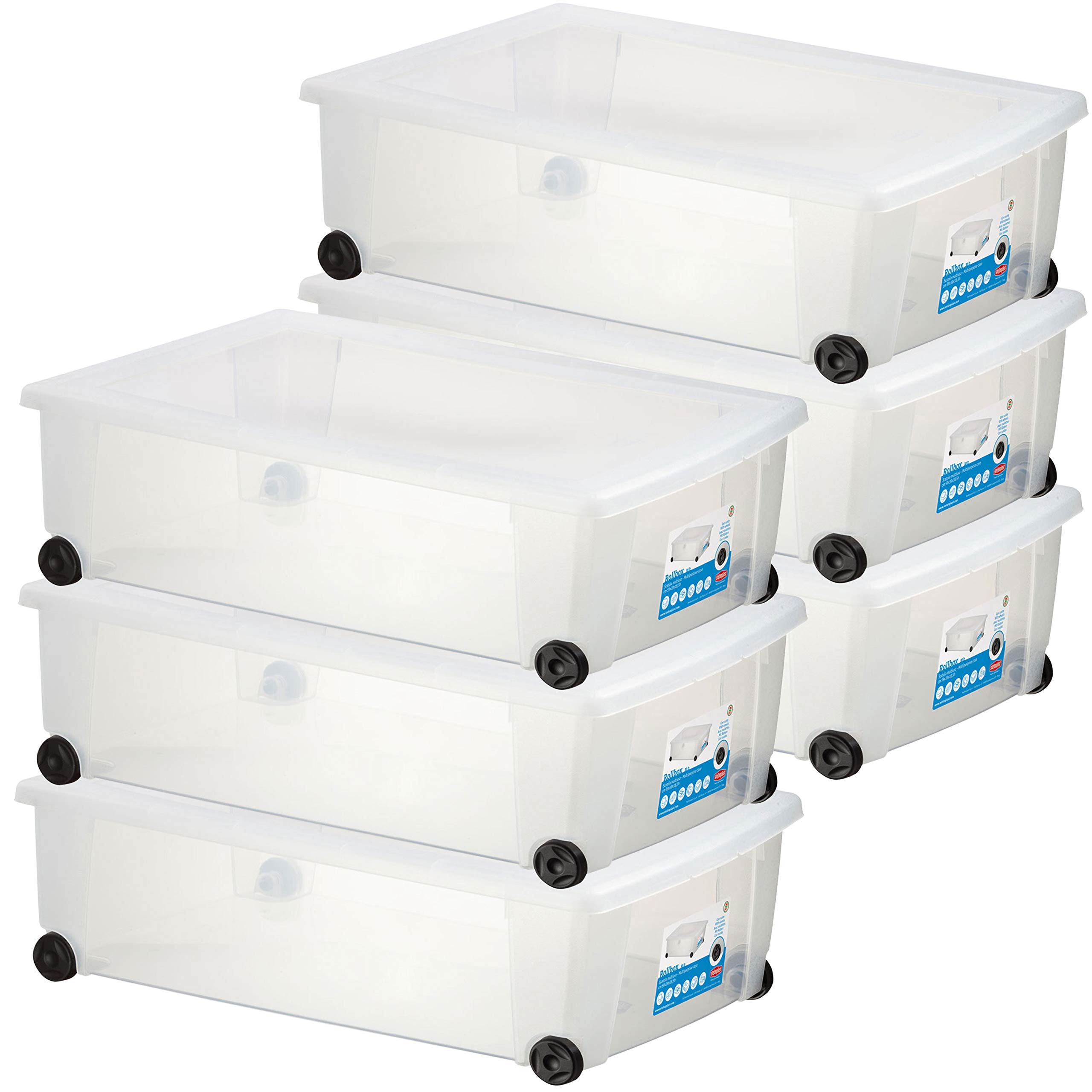 6 boîtes rangement plastique couvercle roulettes 30l 59x39x18cm empilables