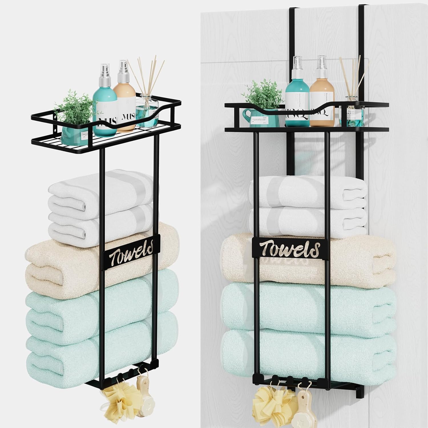 SWTYMIKI Over Door Towel Rack - 5 Tier Towel Storage Rack Wall Mounted With Metal Shelf, Over Door Towel Rail, Space-Saving Bathroom Towel Storage, Multi-Functional Bathroom Accessories, Black