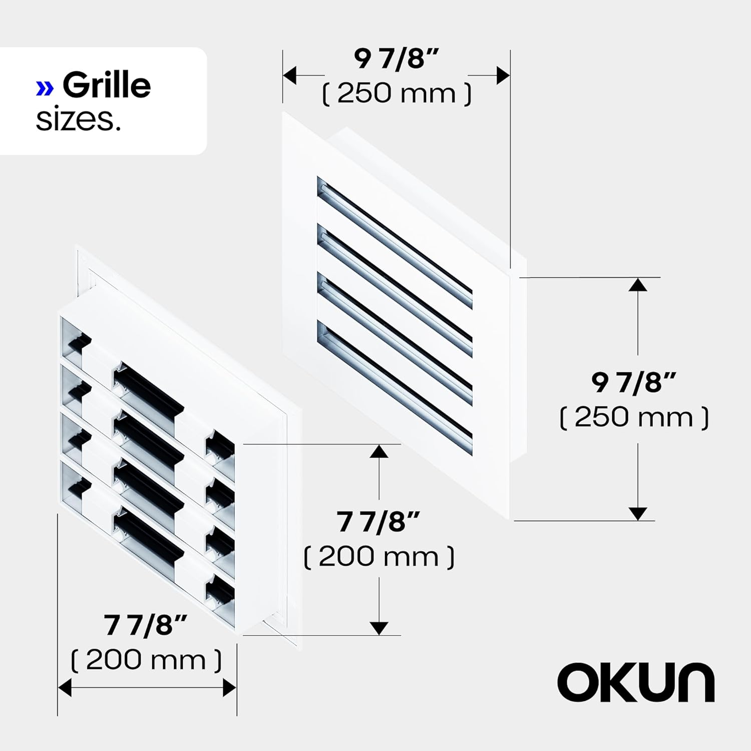 OKUN - Standard Linear Slot Diffuser - 8" x 8" Duct Opening Cutout - 10" x 10" Matte White AC Vent Cover - Concealed Design Register Grille for Ceiling/Walls - Decorative Air Vent