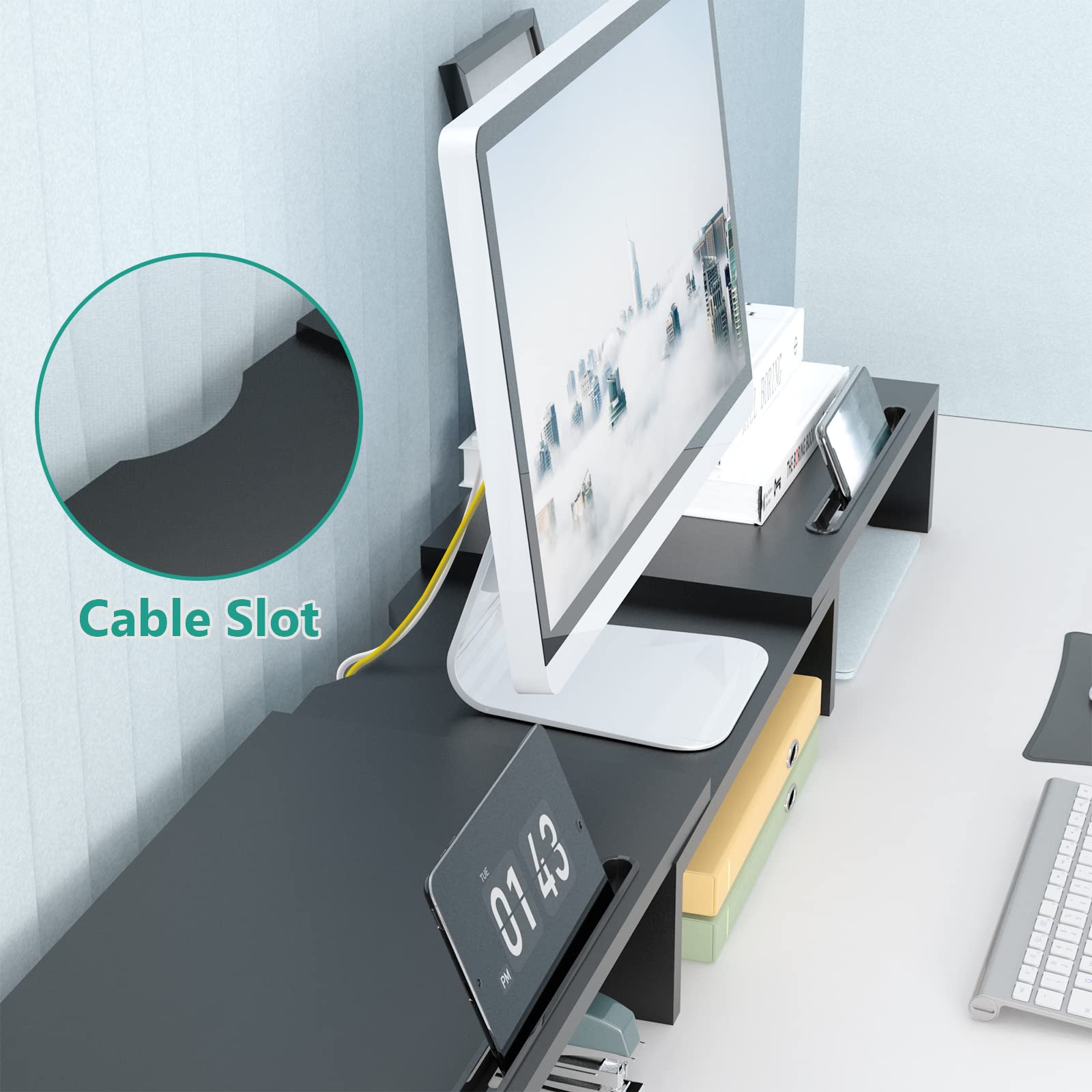 WALI Dual Monitor Stand Riser, 3 Shelf Laptop and Computer Monitor Stand with Phone Holder, Length and Angle Adjustable Desk Organizer (PTT007T-B), Black view 5
