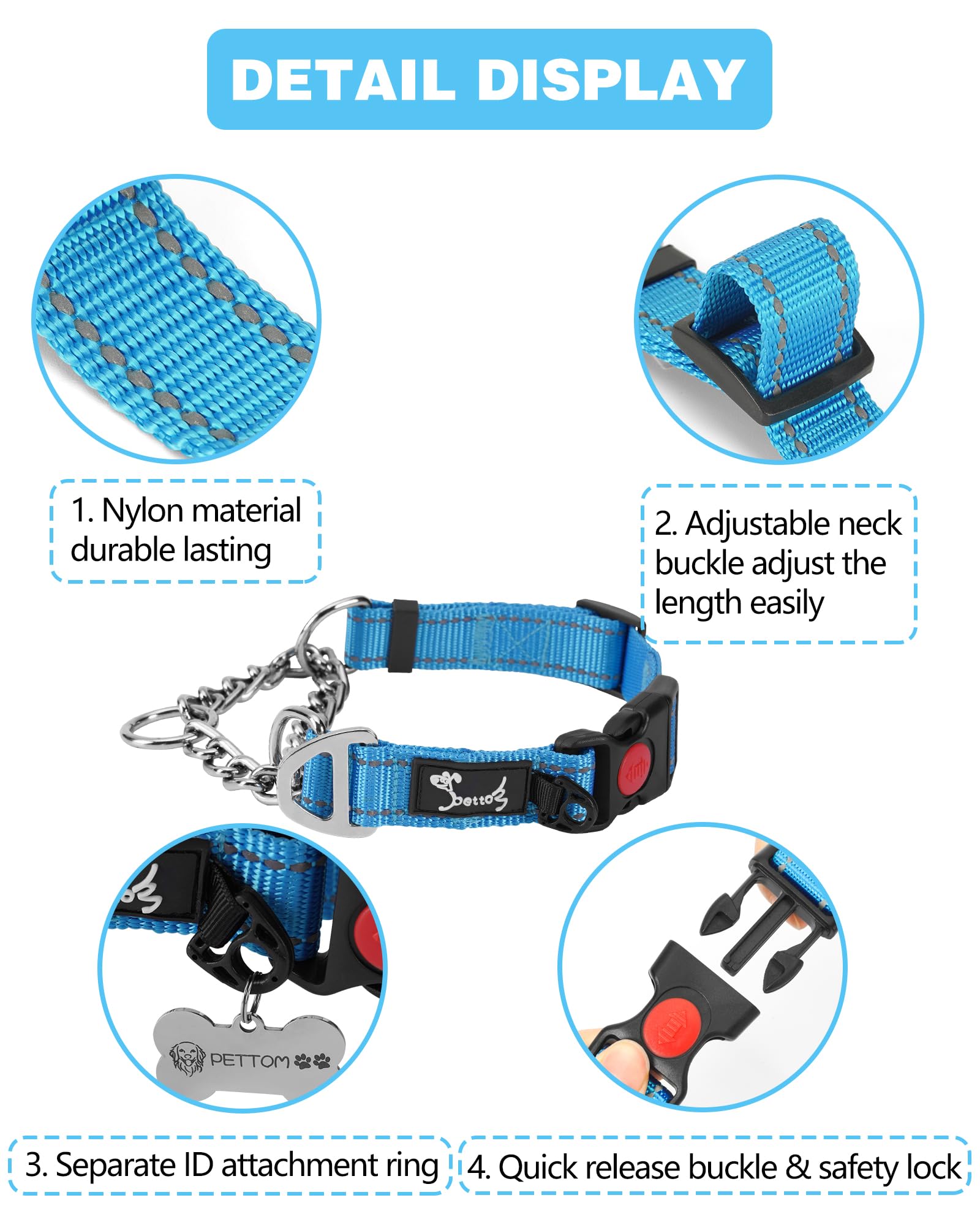 PETTOM Collare Semistrozzo per Cani Cane Addestramento Collari con Catena Regolabile Riflettente Anello di Metallo Nylon Imbottito Fibbia di Sicurezza Martingale Collare per Camminare Allenarsi Blu