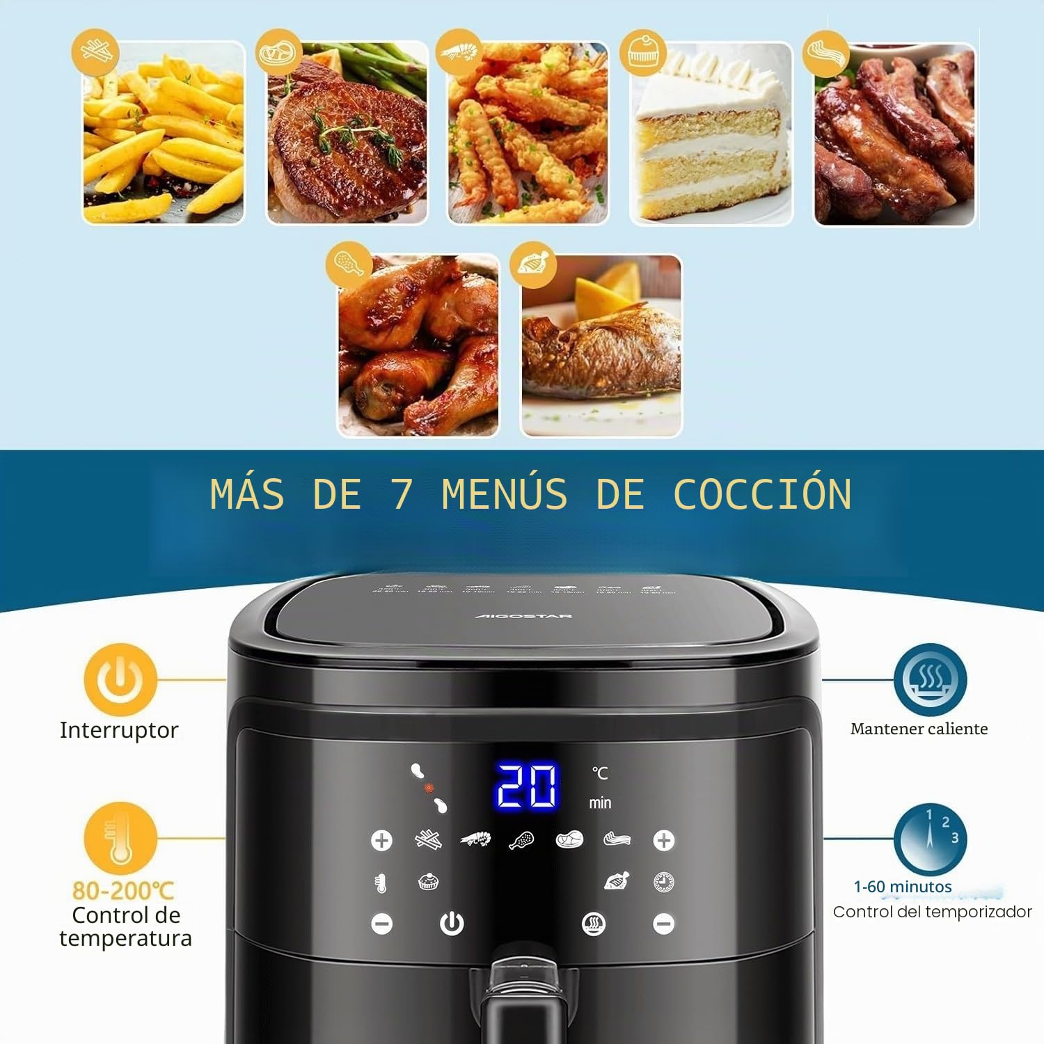 Aigostar Cube 30IBT - Freidora de aire caliente sin aceite, 7 l, 1900 W, táctil, color negro