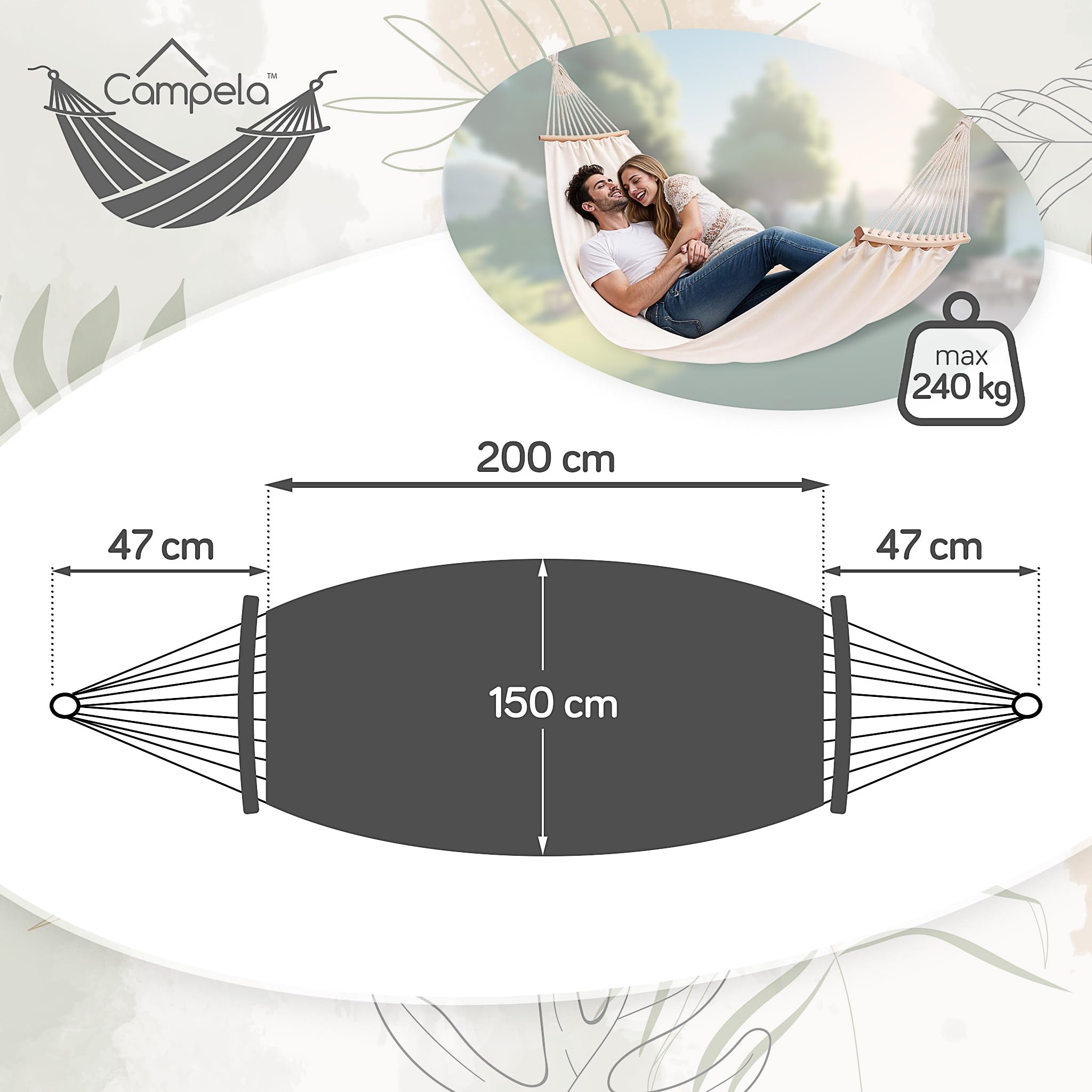 Amaca Doppia 200x150 cm Portata 240 kg Boho Beige Cotone Poliestere Giardino Terrazza
