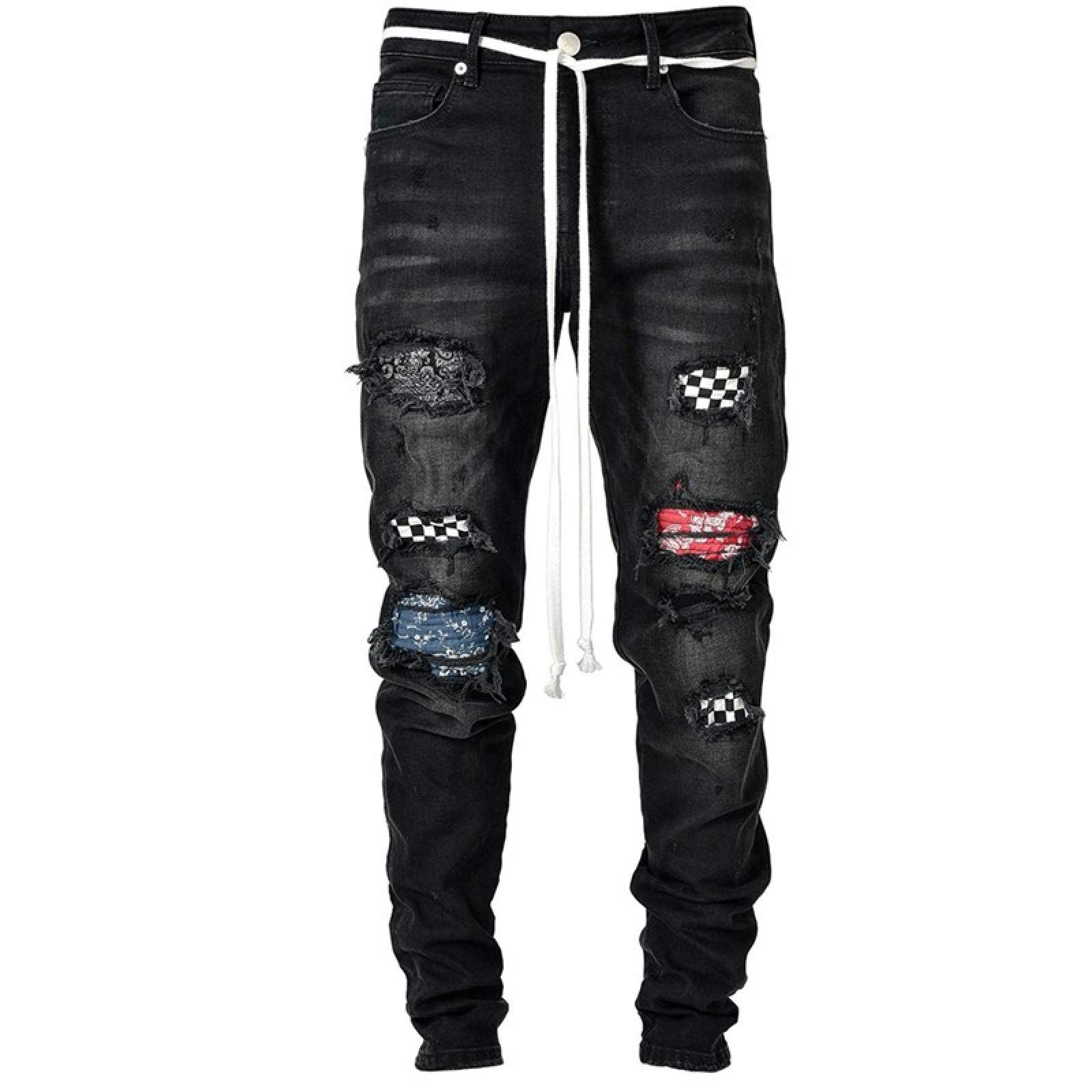 WQZYY&ASDCD Jeans Pantalon Herren Moto Biker Jeans Hip Hop Sticken Schwarz Blau Cool Skinny Ripped Stretch Slim Elastische Denim Bleistifthose Herren S-3Xl