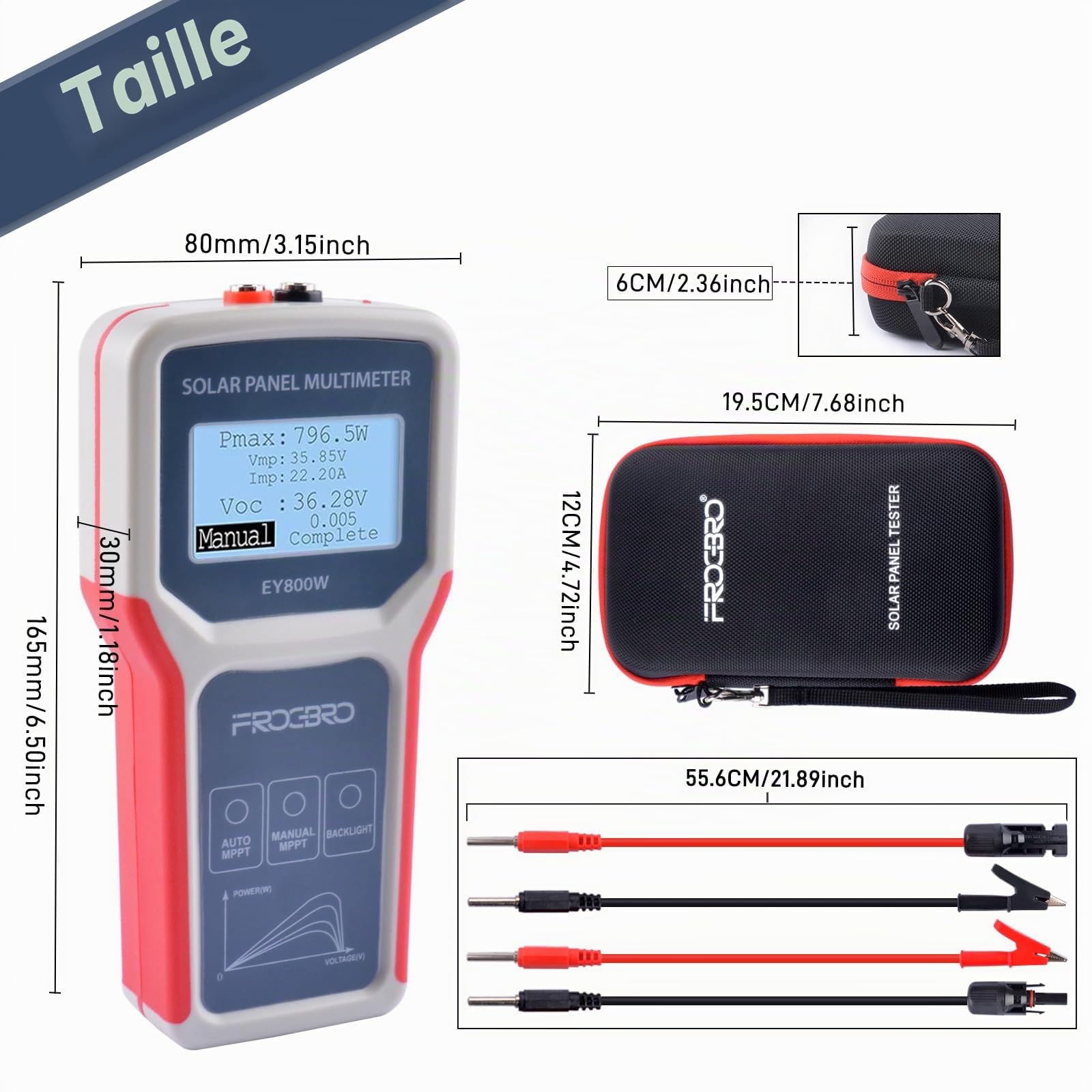Testeur de Panneaux Solaires FB673PV, Multimètre Photovoltaïque 800W, Testeur MPPT Intelligent avec Écran LCD Clair, Outil de Diagnostic pour Tension en Circuit Ouvert (EY800W)