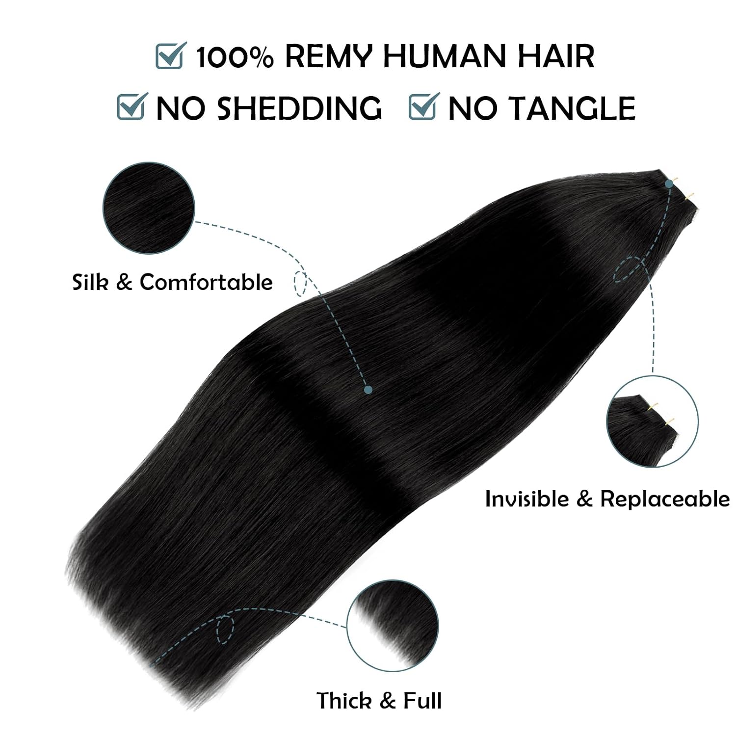 Sassina Remy Tape in Human Hair Extensions 18 Inch Invisible Tape Extensions Color 20 Pcs Real Human Hair Extensions 50 Gram Jet Black #1