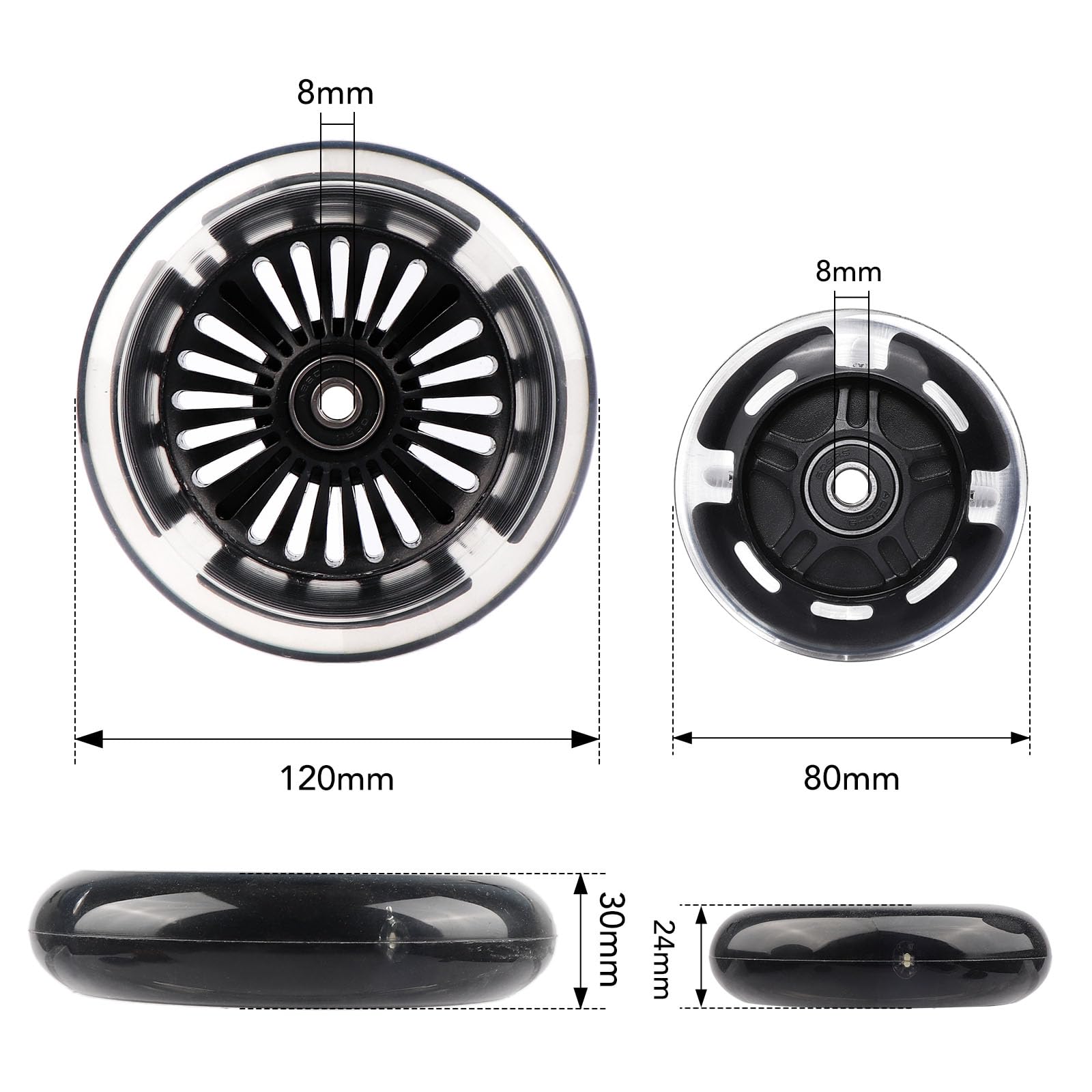 Paquete de 4 ruedas iluminadas para patinete de 120 mm y 80 mm, rueda de repuesto con luces LED blancas para patinete Micro Mini Maxi Lascoota de 3 ruedas (negro)