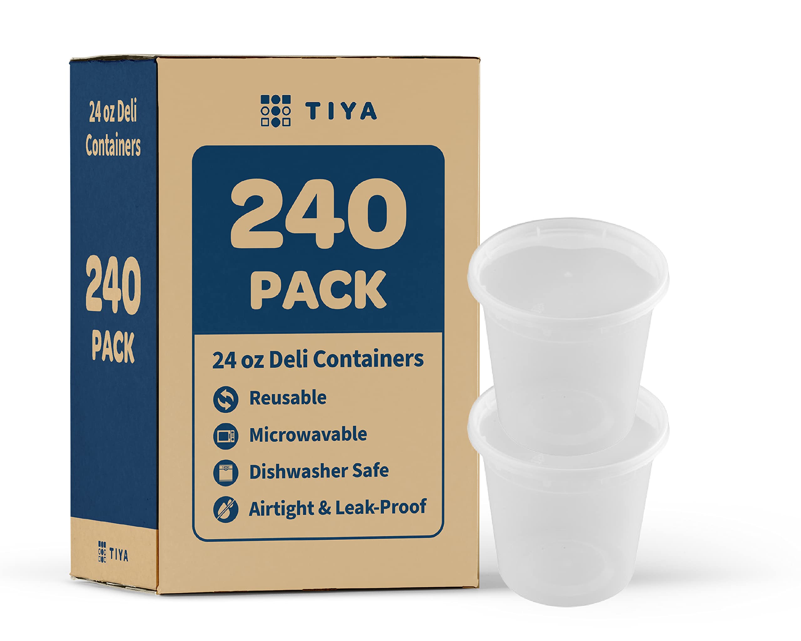 TIYA - Recipientes de comida para llevar, 24 onzas, paquete de 240 unidades con tapas, recipientes de plástico para almacenamiento de alimentos, reutilizables, aptos para microondas, aptos para