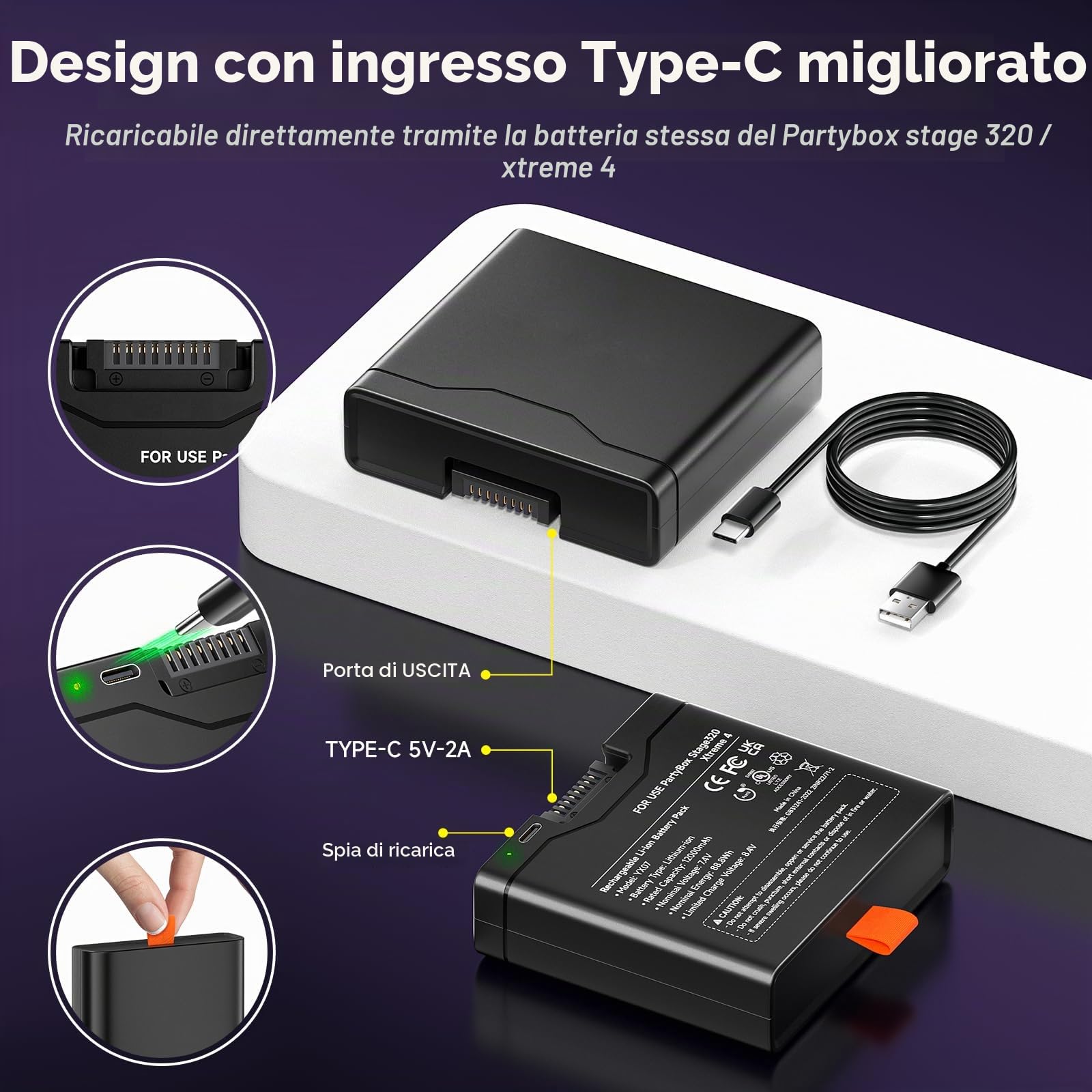 CITYORK Batteria di ricambio 400 per J BL Partybox Stage 320 /Xtreme 4 con cavo di ricarica USB-C